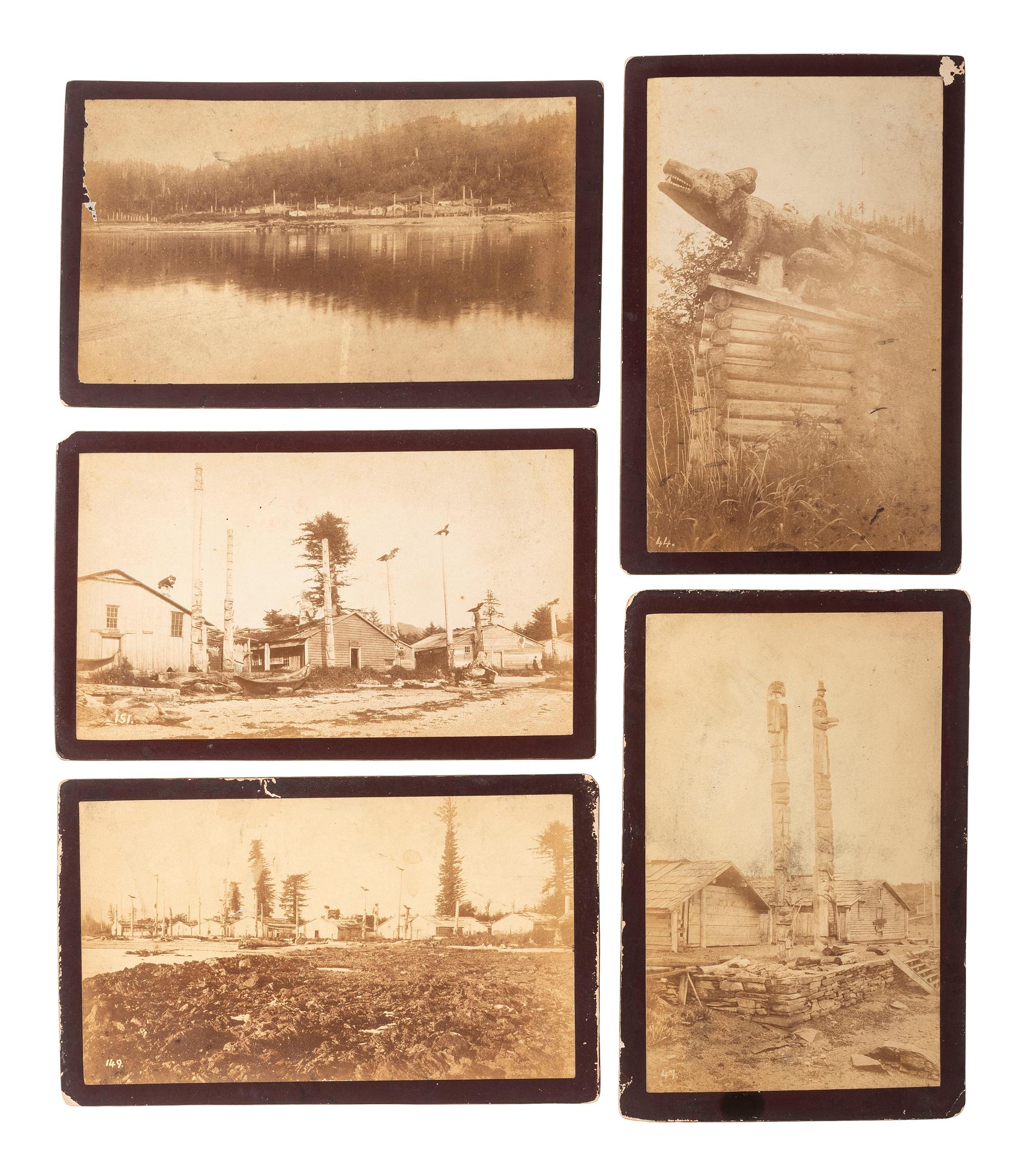 [NATIVE AMERICANS]. A group of 7 boudoir photographs of Fort Wrangell, Alaska, incl. views of natives in dance costume, totem poles, and scenic views. Ca 1885-87.