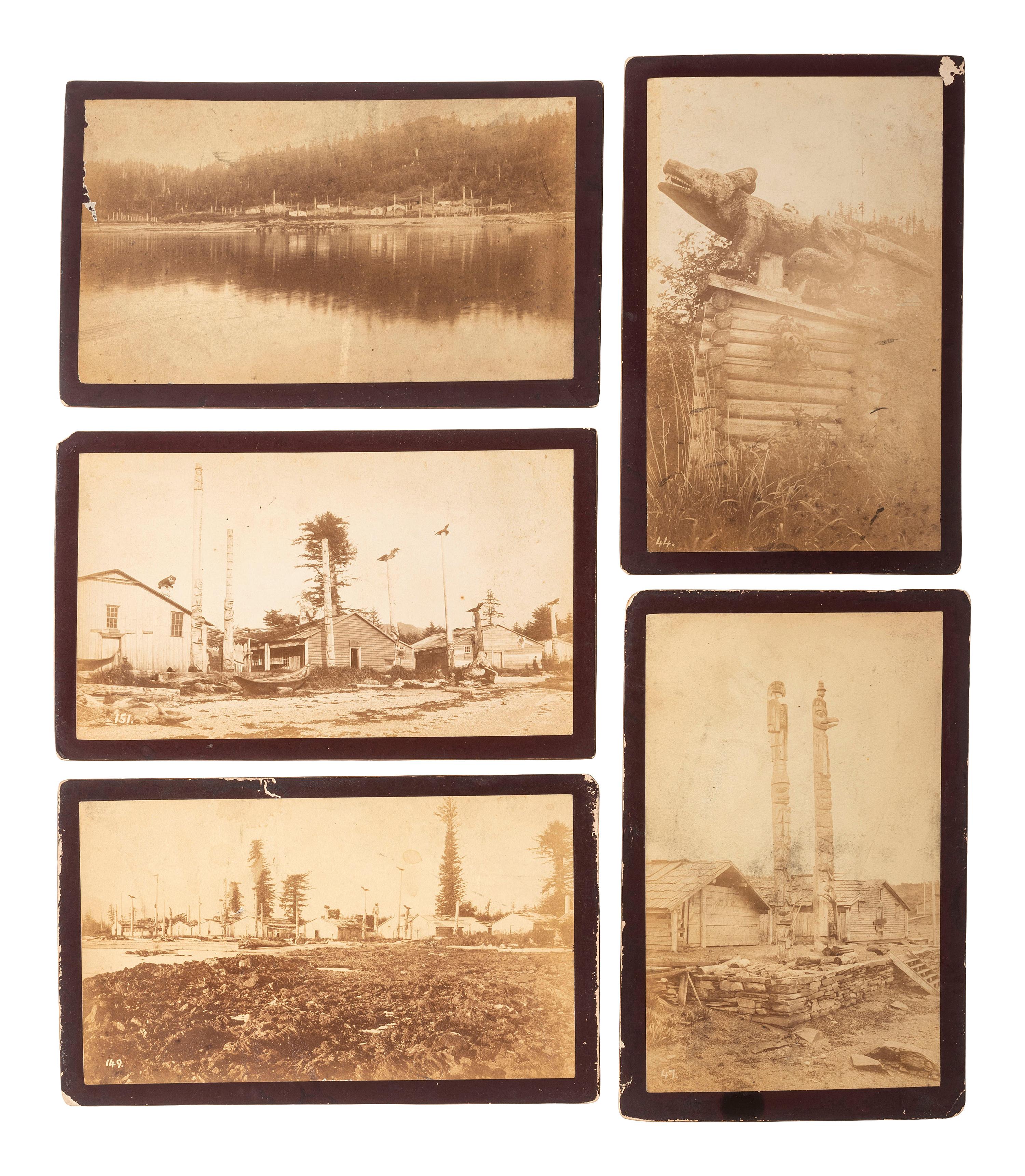 [NATIVE AMERICANS]. A group of 7 boudoir photographs of Fort Wrangell, Alaska, incl. views of natives in dance costume, totem poles, and scenic views. Ca 1885-87.