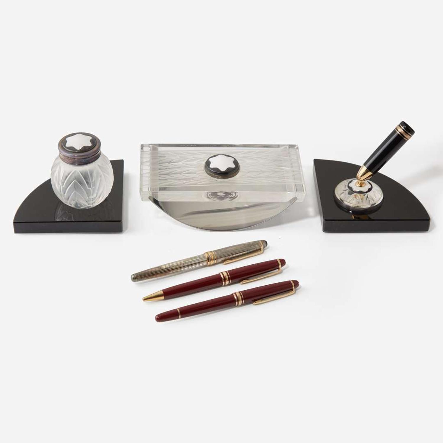 A Collection of Montblanc Pens and Lalique Desk Set Montblanc, Lalique