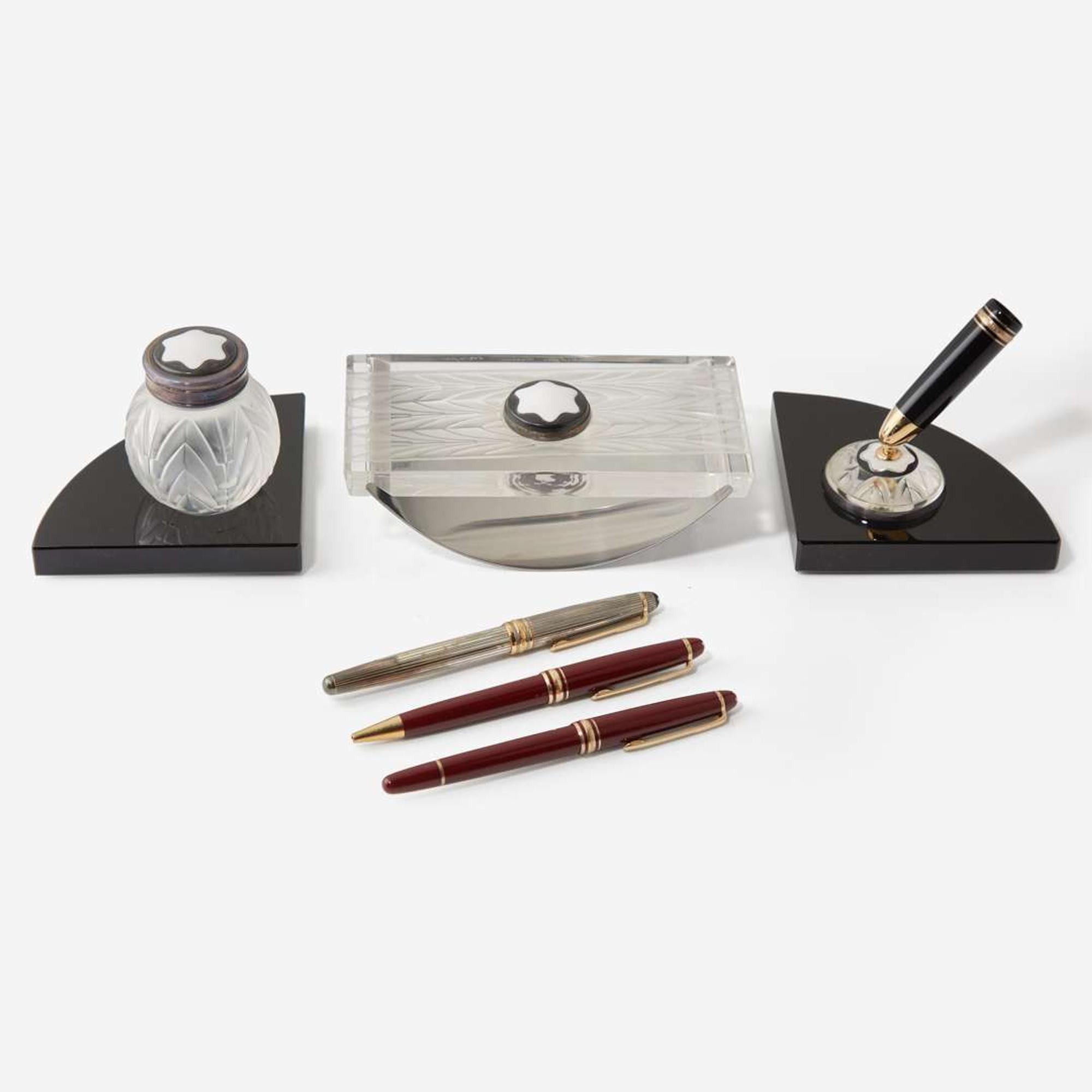 A Collection of Montblanc Pens and Lalique Desk Set Montblanc, Lalique