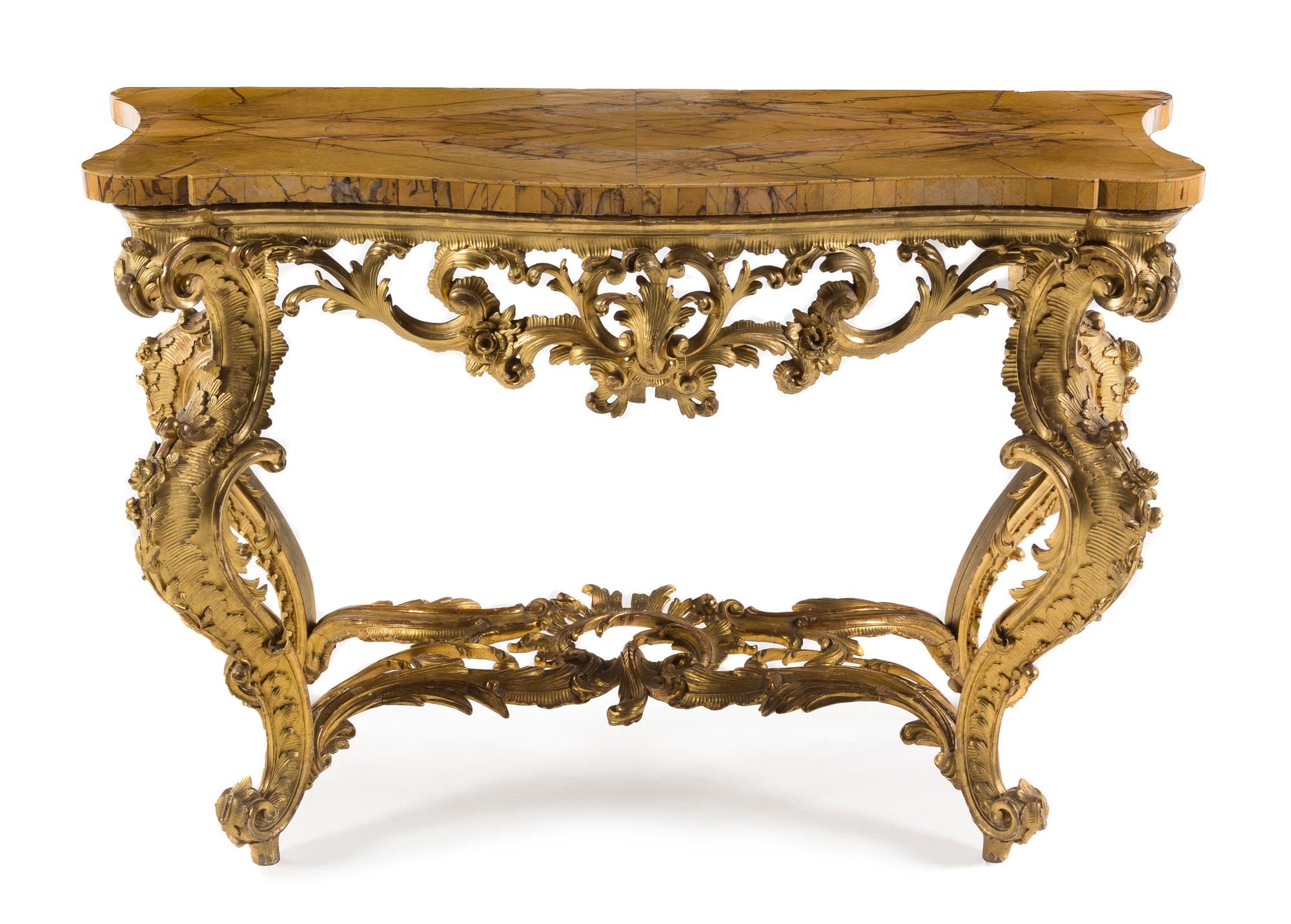 An Italian Rococo Giltwood Console Table Height 39 x width 58 x depth 27 1/2 inches. — 18TH CENTURY