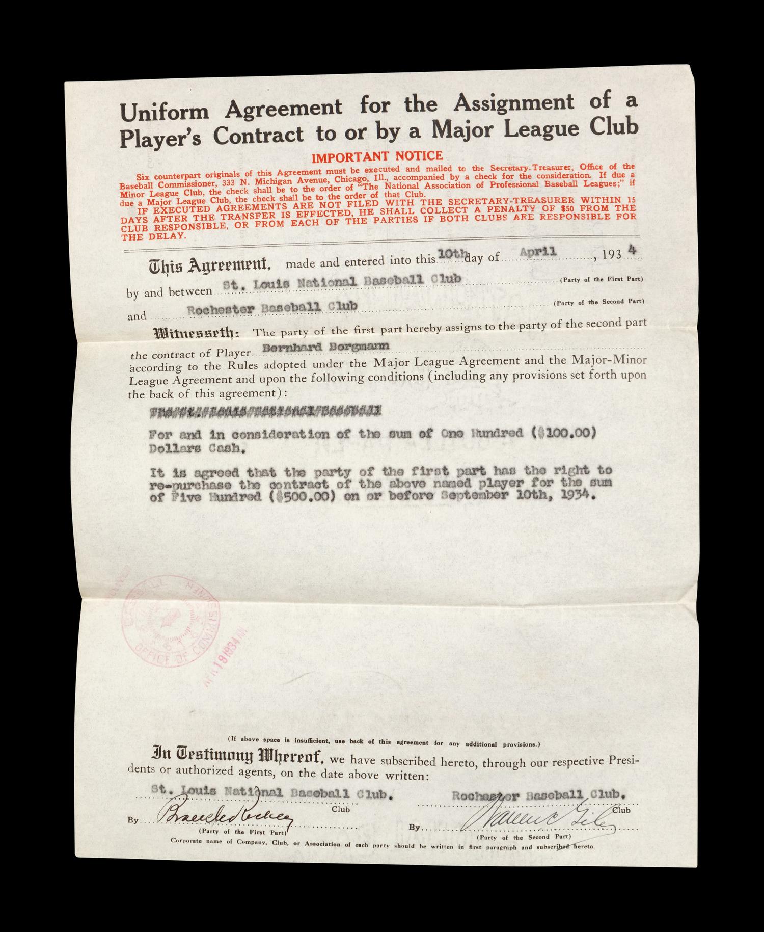A Group of 15 1920s-30s St. Louis Cardinals Contract Agreements All Signed by Branch Rickey