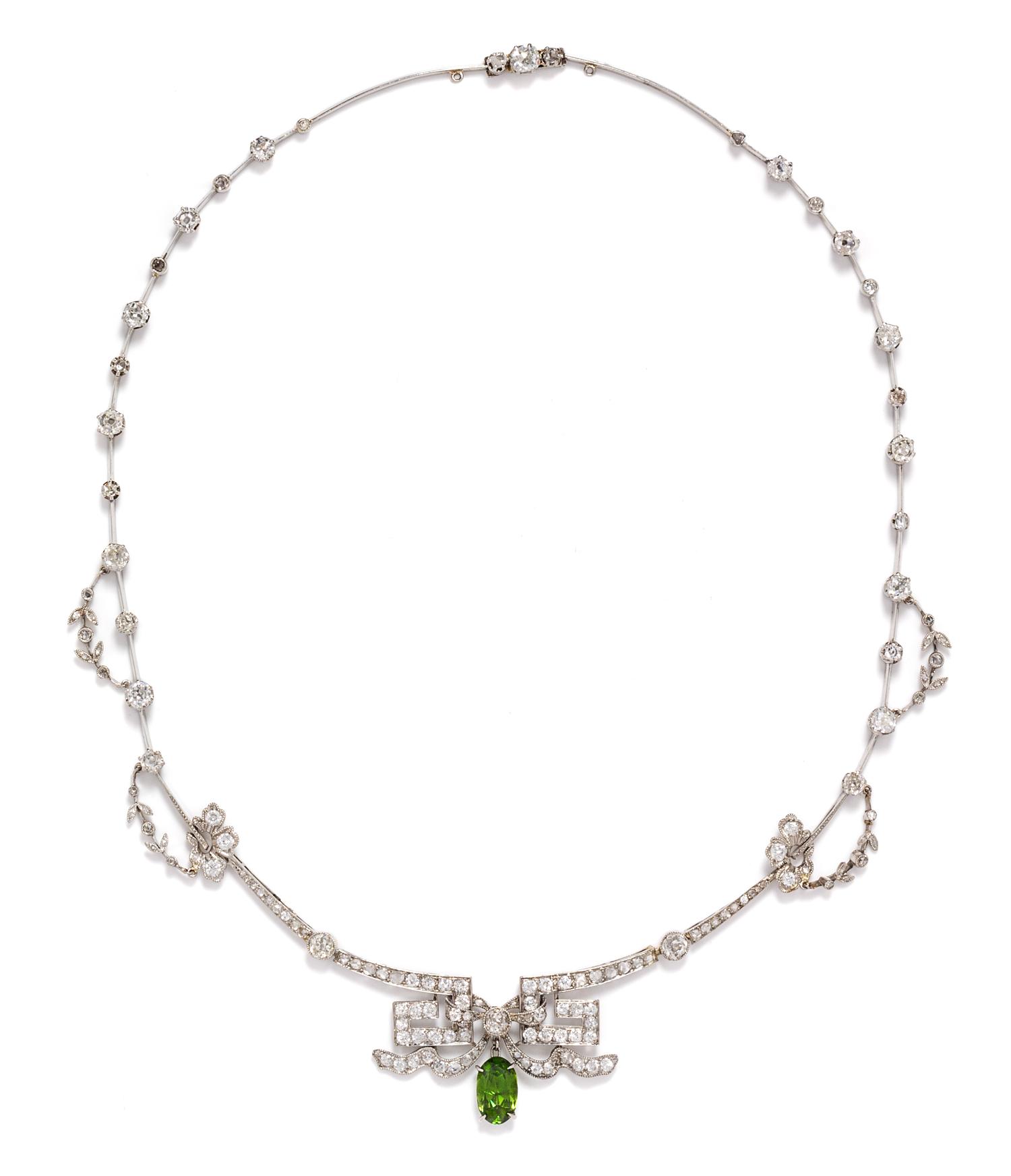 A Belle Epoque Platinum, Diamond and Demantoid Necklace, 18.80 dwts.
