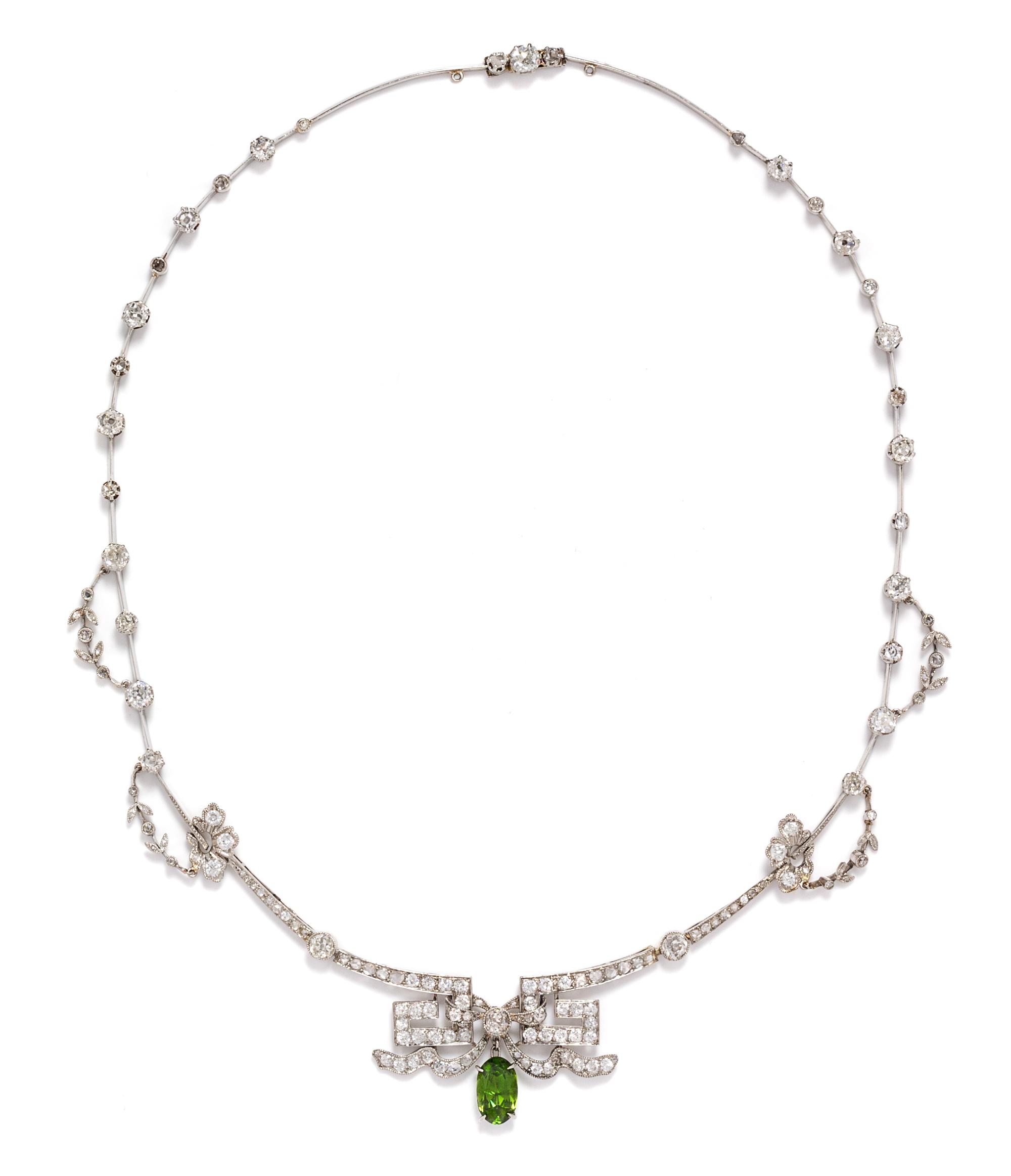 A Belle Epoque Platinum, Diamond and Demantoid Necklace, 18.80 dwts.