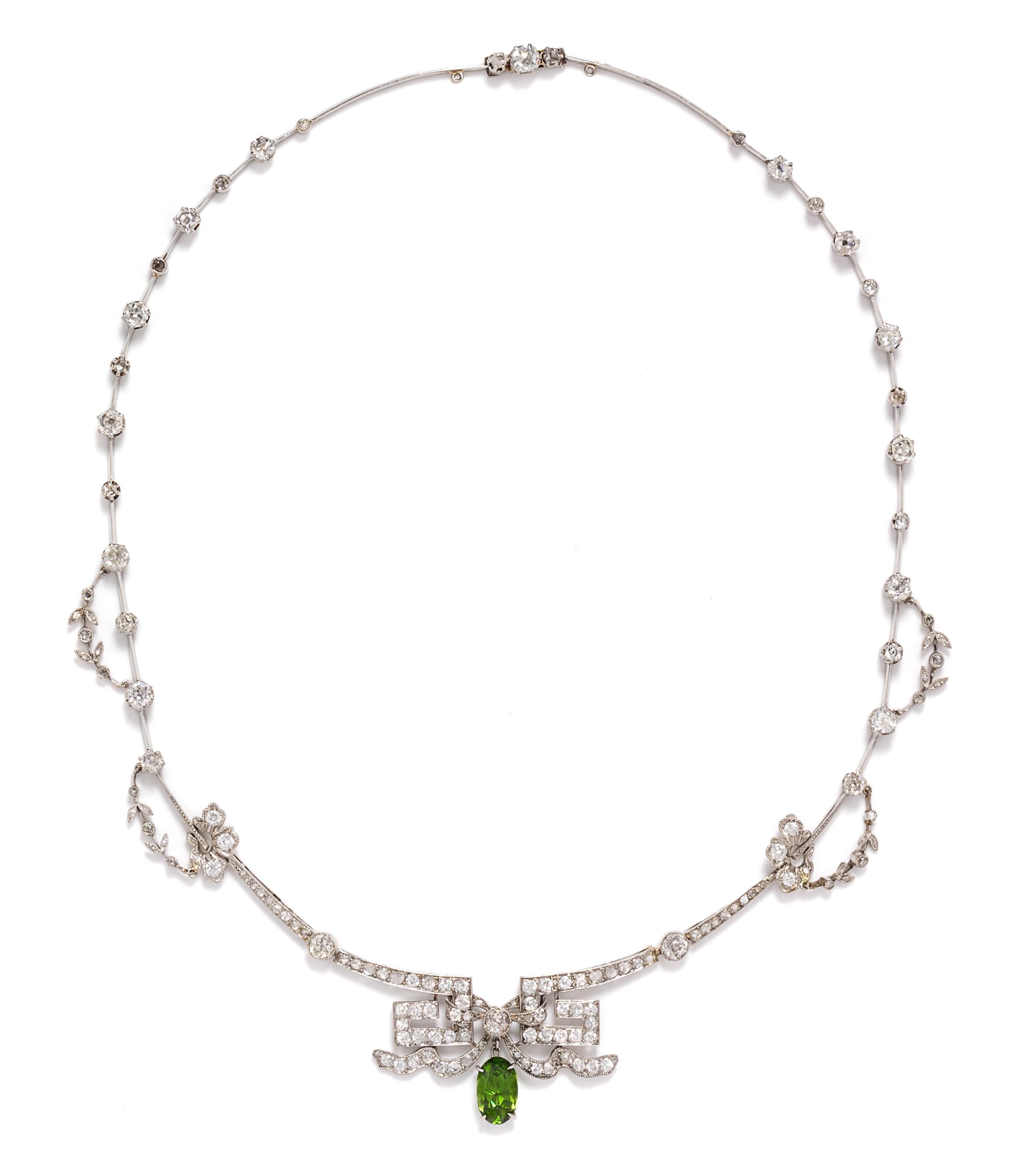 A Belle Epoque Platinum, Diamond and Demantoid Necklace, 18.80 dwts.