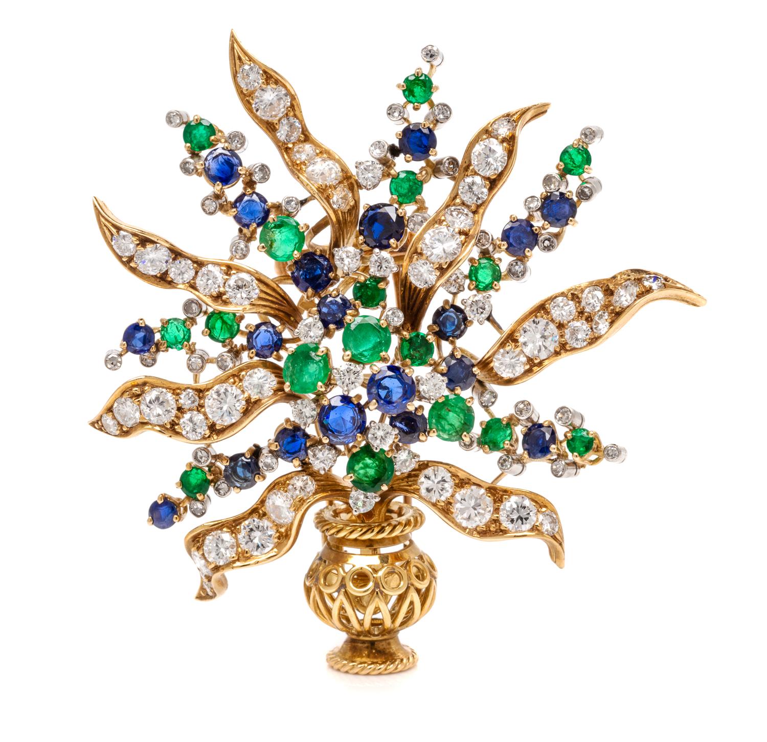 An 18 Karat Yellow Gold, Platinum, Diamond, Sapphire and Emerald Giardinetti Brooch, French, 17.15 dwts.