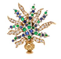 An 18 Karat Yellow Gold, Platinum, Diamond, Sapphire and Emerald Giardinetti Brooch, French, 17.15 dwts.