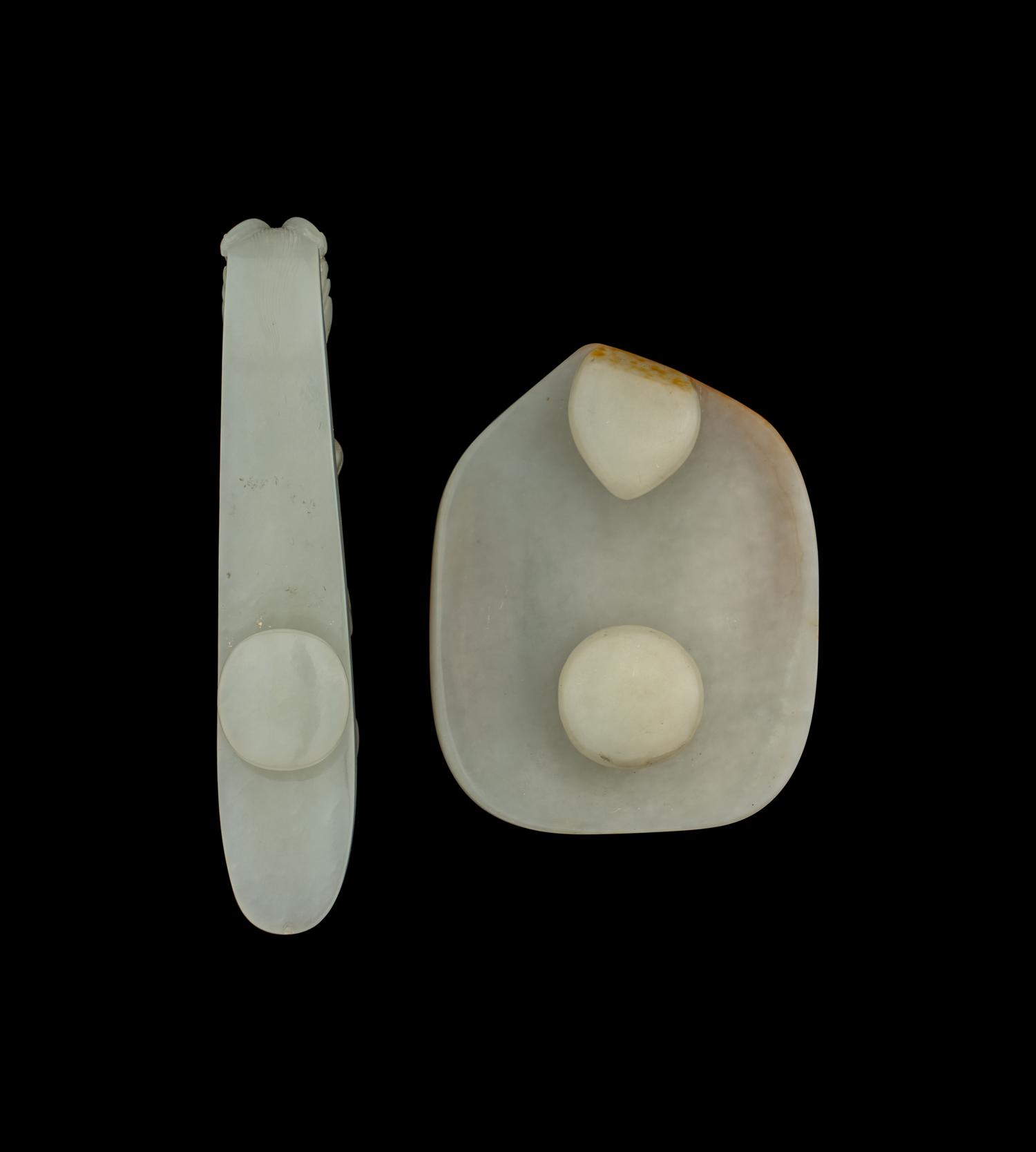 Two Chinese Russet and Jade Belt Hooks