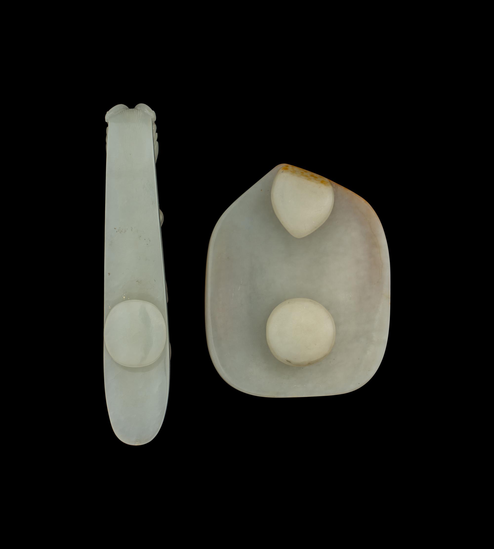 Two Chinese Russet and Jade Belt Hooks