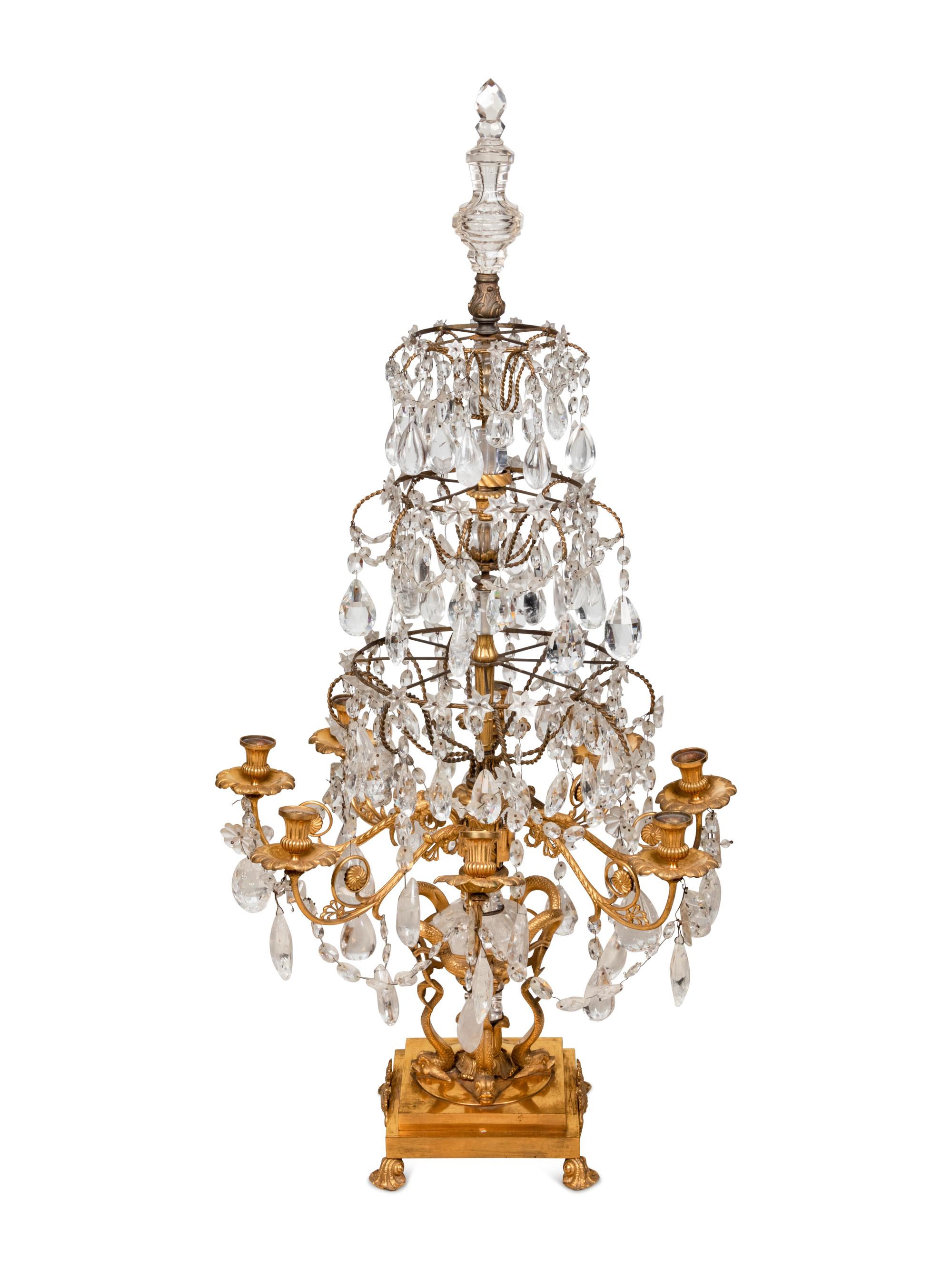 An Empire Style Four-Tier Gilt Bronze and Rock Crystal Eight-Light Girandole
