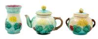 A Majolica Three-Piece Tea Set Height of tallest 5 1/2 inches. — ATTRIBUTED TO SAMUEL LEAR, FIRST-HALF 20TH CENTURY