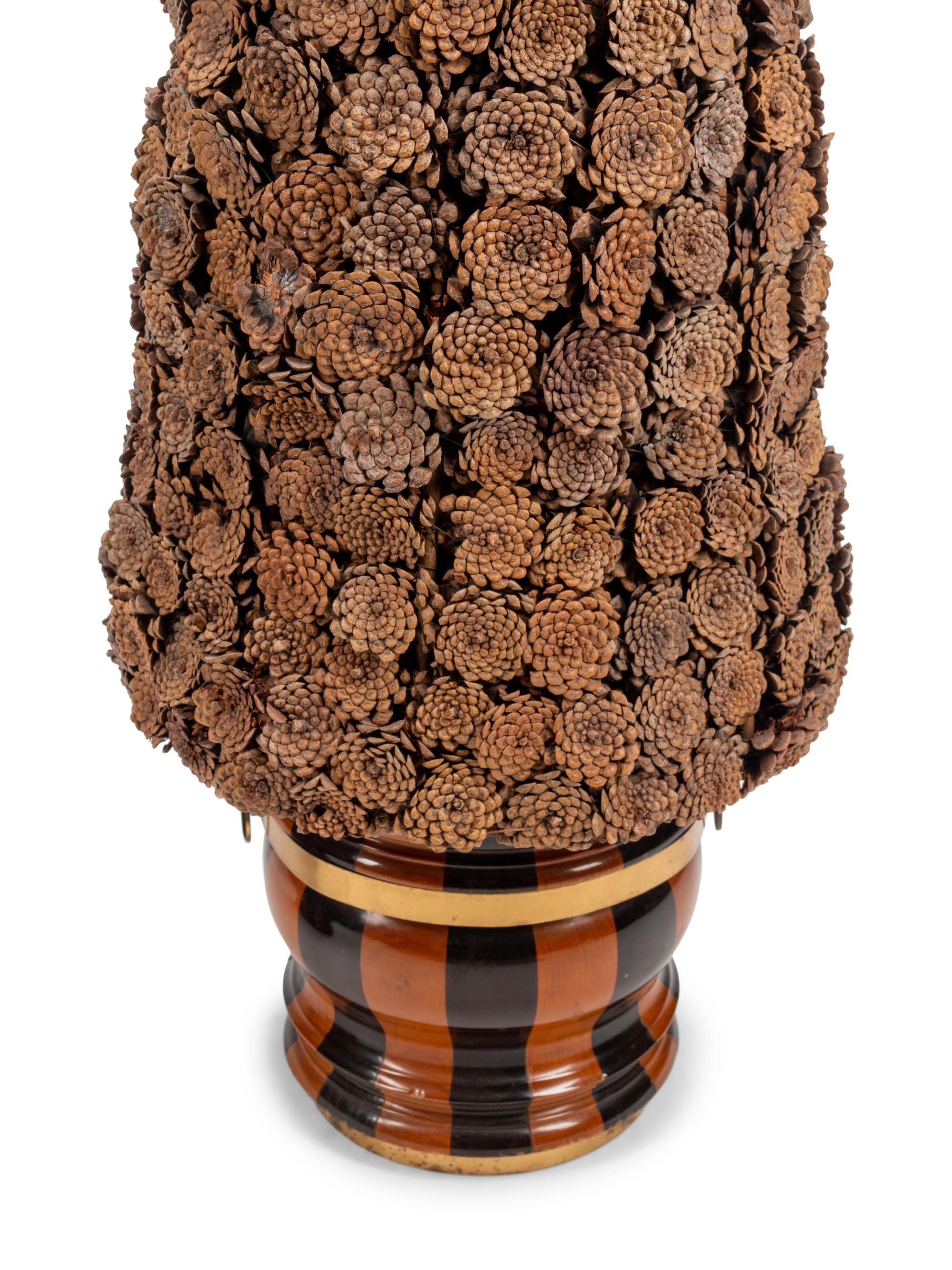 A Pair of English Brass Mounted Jardinières with Pinecone Topiaries