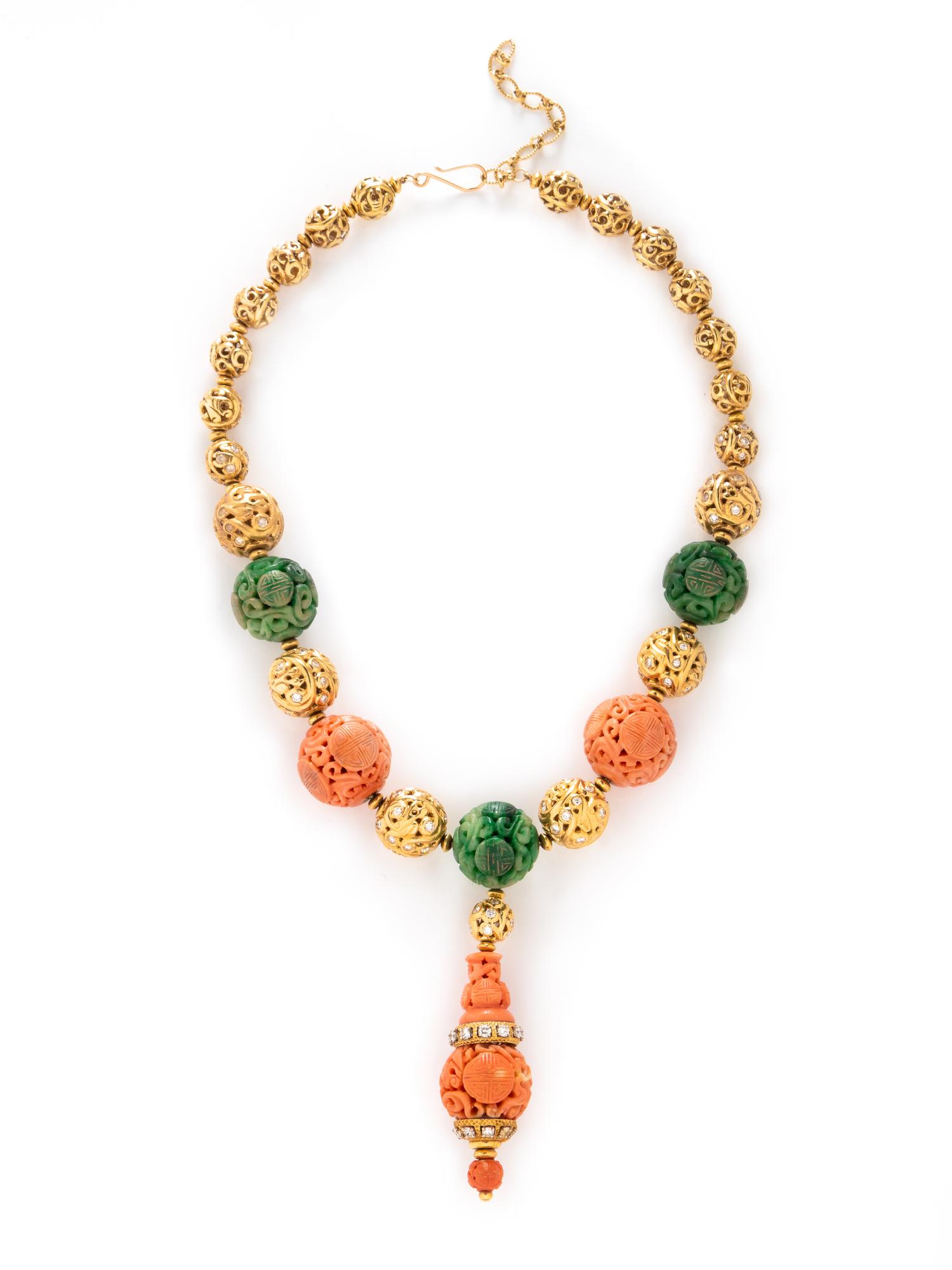 VAN CLEEF & ARPELS, YELLOW GOLD, CORAL, AND JADE NECKLACE