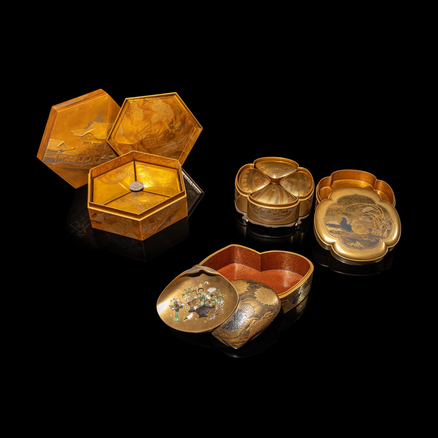 Three Japanese Gold Lacquer Covered Boxes, 19th Century