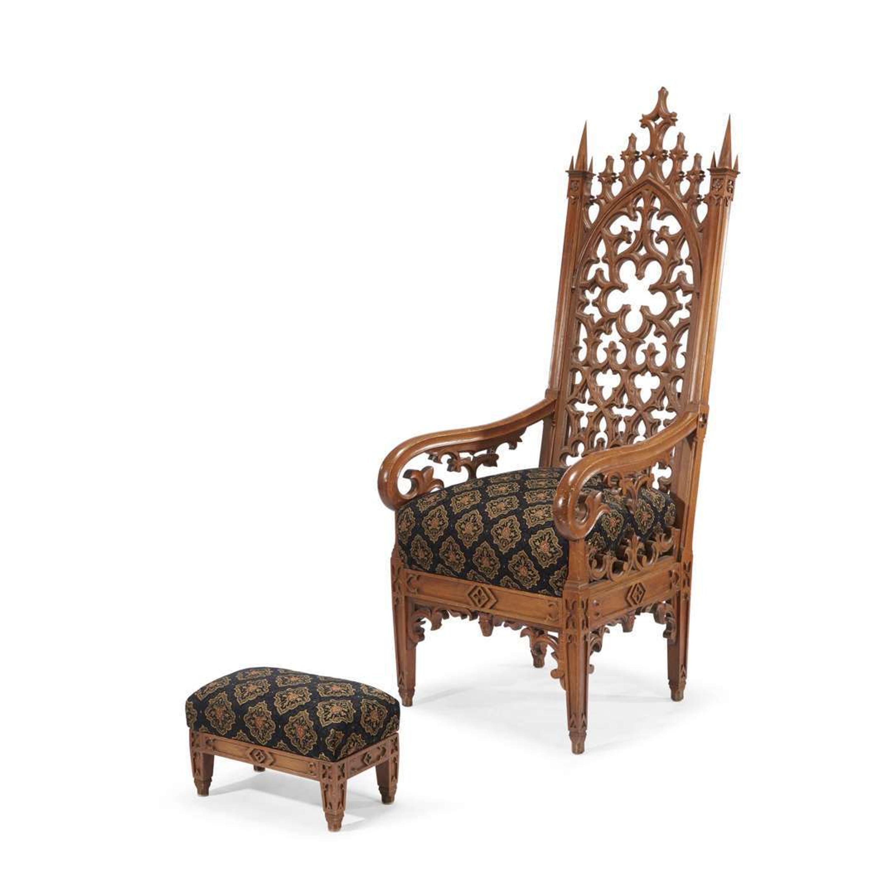 Impressive Gothic Revival walnut armchair and footstool Signed "Robert Lowry, Westchester, PA 1838"