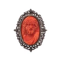 CORAL CAMEO AND MARCASITE PENDANT