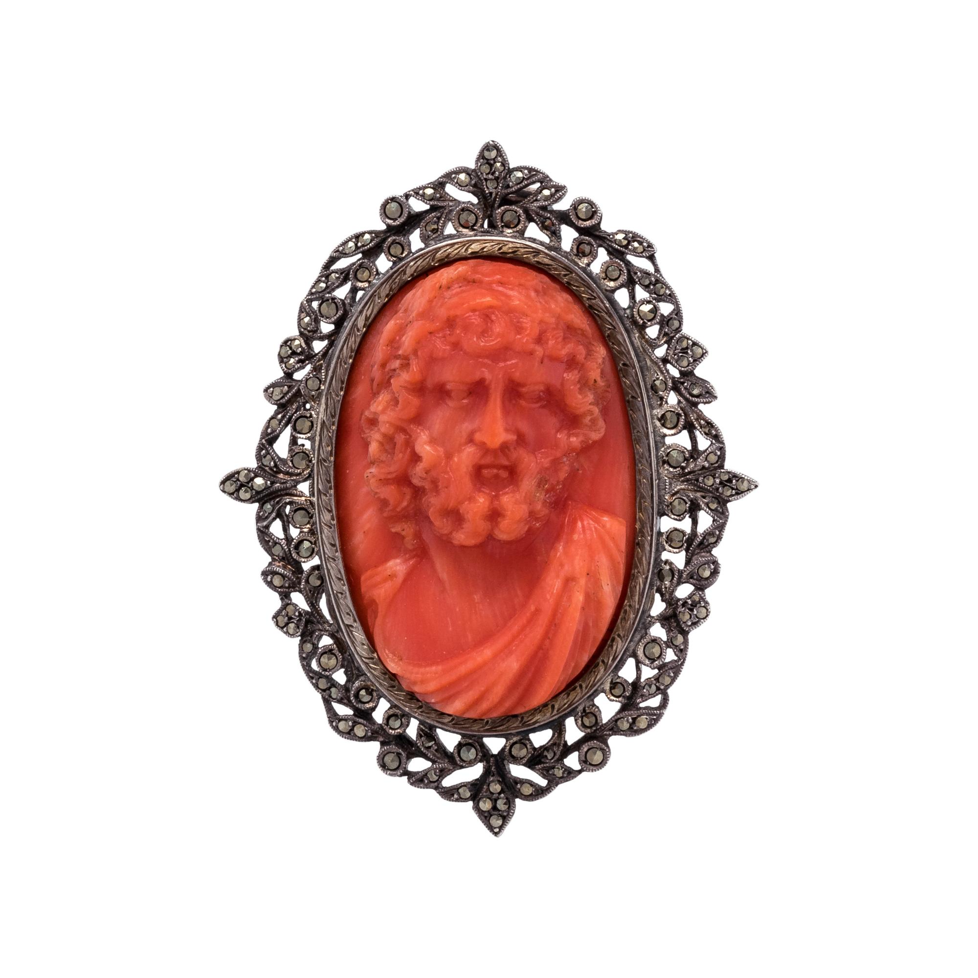 CORAL CAMEO AND MARCASITE PENDANT