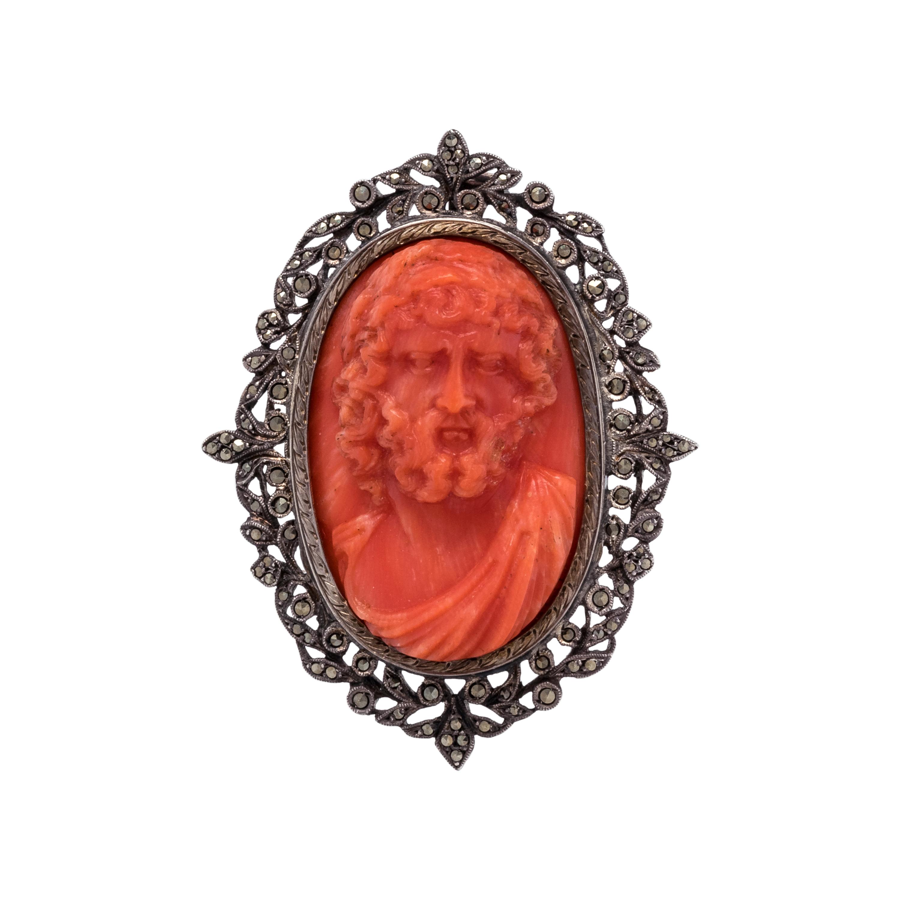 CORAL CAMEO AND MARCASITE PENDANT