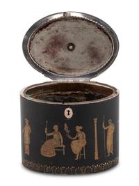 An English Ebonized and Pen-Work Decorated Tea Caddy