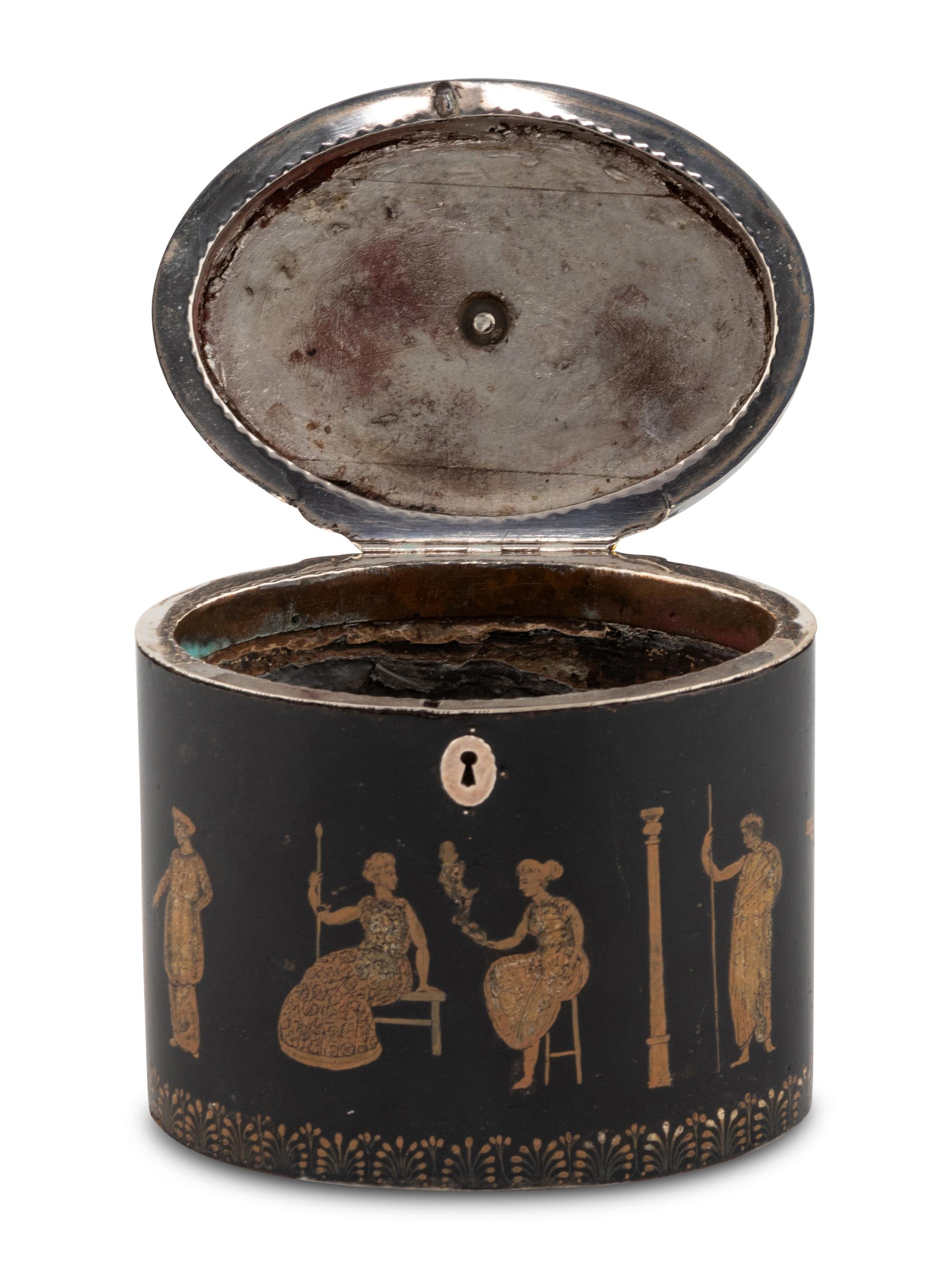 An English Ebonized and Pen-Work Decorated Tea Caddy