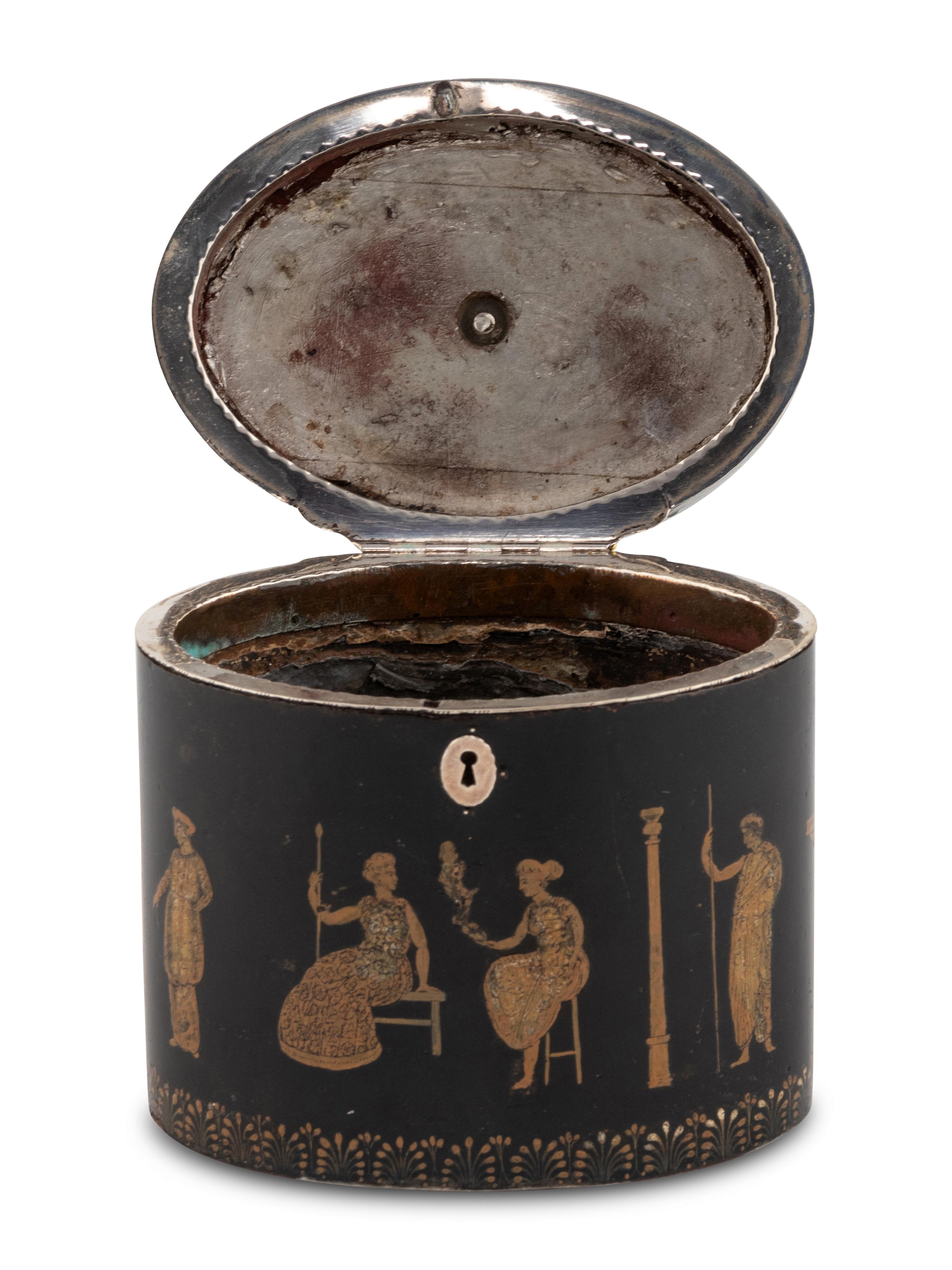 An English Ebonized and Pen-Work Decorated Tea Caddy