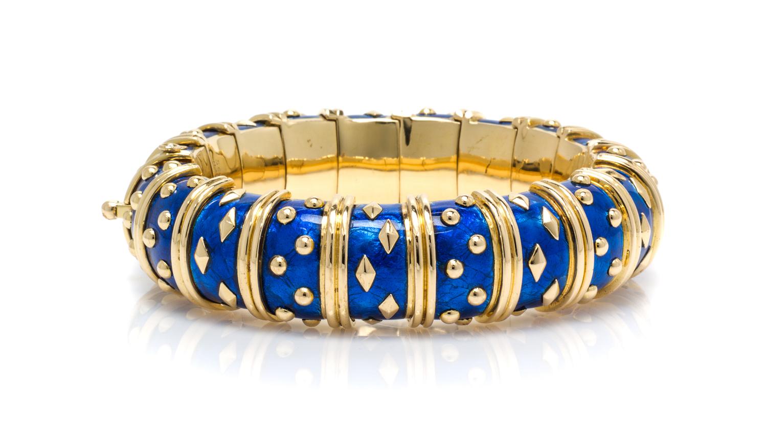 A Vintage 18 Karat Yellow Gold and Blue Enamel Paillonne Bracelet, Schlumberger for Tiffany & Co., France, 85.20 dwts.