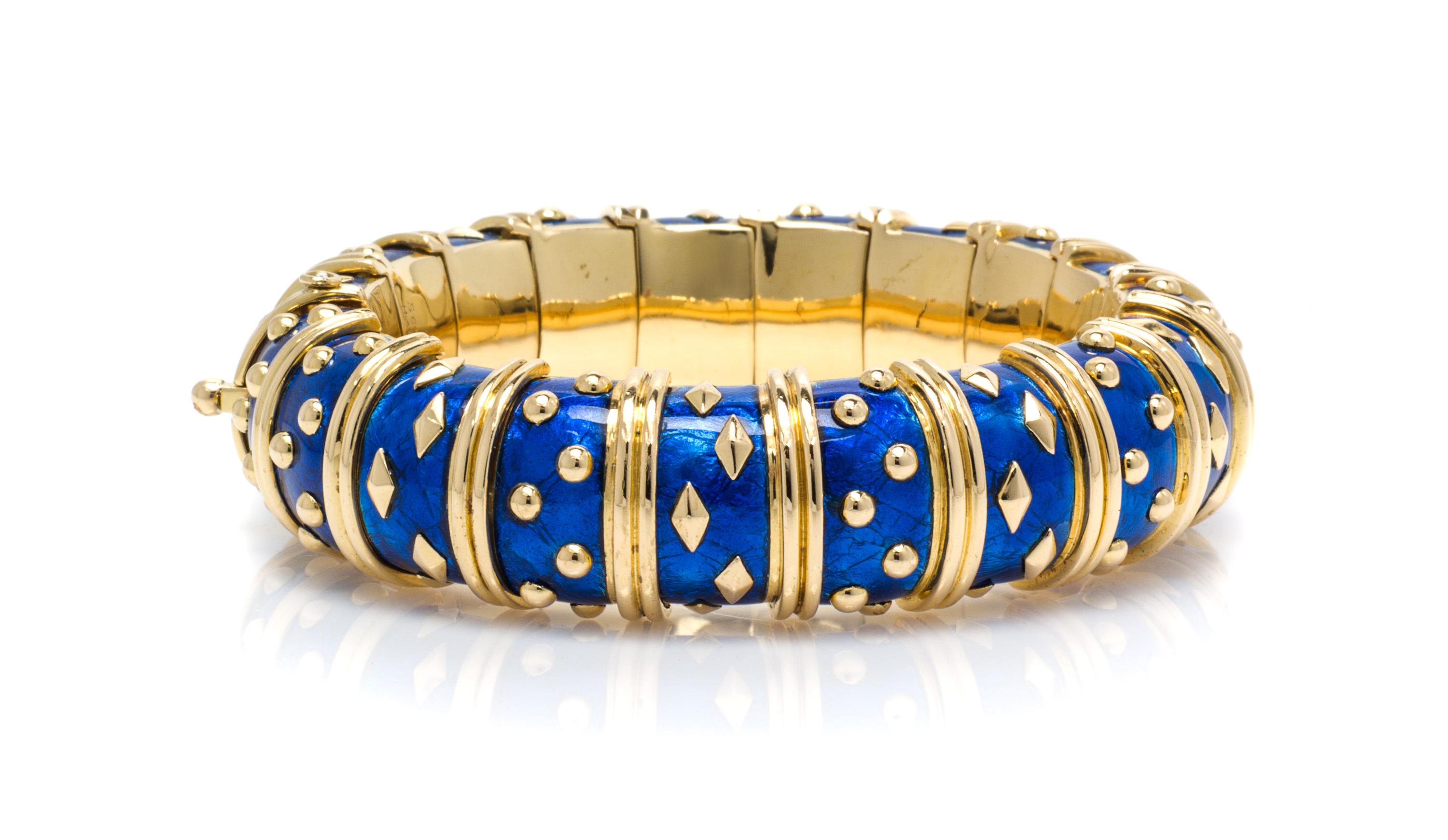A Vintage 18 Karat Yellow Gold and Blue Enamel Paillonne Bracelet, Schlumberger for Tiffany & Co., France, 85.20 dwts.