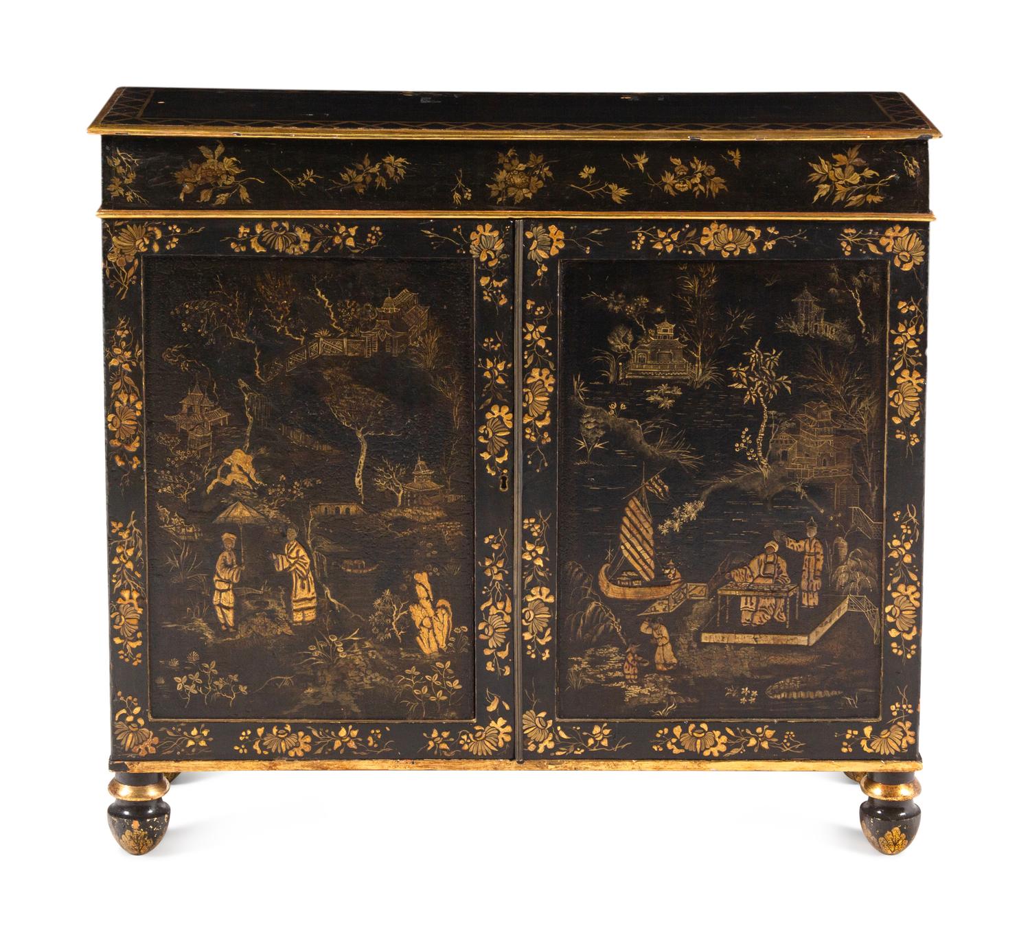 A Regency Black-Painted and Parcel-Gilt Japanned Cabinet