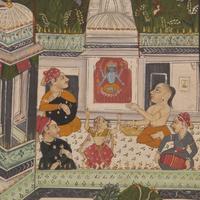 A Painting of Radha and Krishna Celebrating the Tej Festival and A Painting of Radha and Krishna Indoors Facing One Another, Probably Udaipur or Jaipur, India, 20th Century