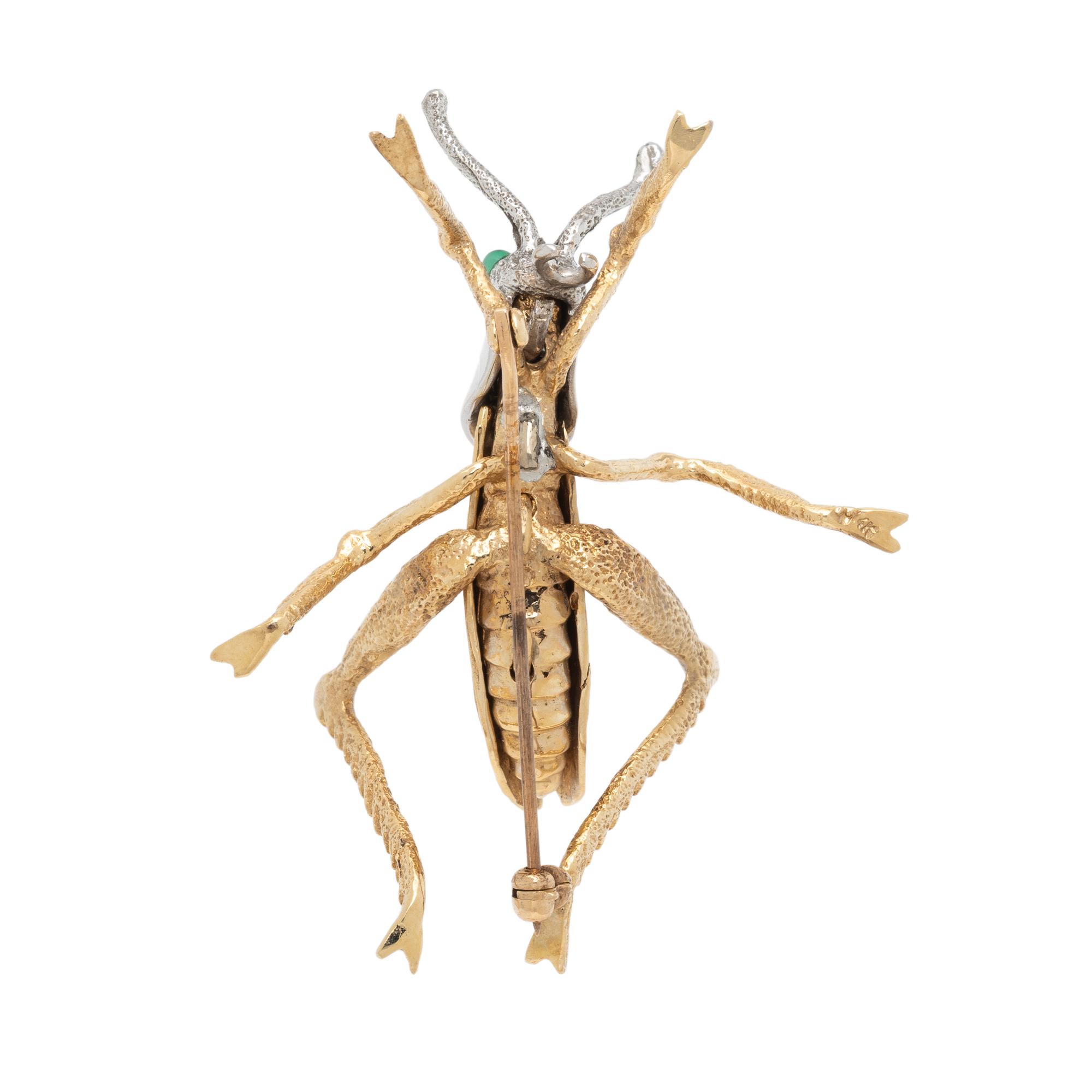 BICOLOR GOLD, DIAMOND, AND CHRYSOPRASE GRASSHOPPER BROOCH