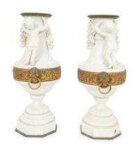 A Pair of Gilt Metal Mounted Bisque Porcelain Urns