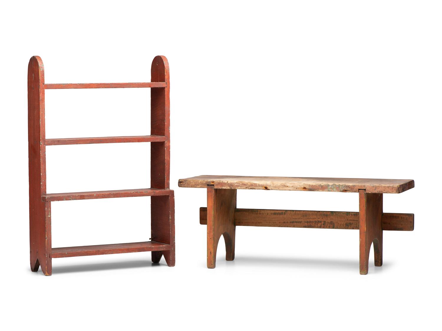 A Paint Decorated Miniature Wood Bucket Bench and Bench