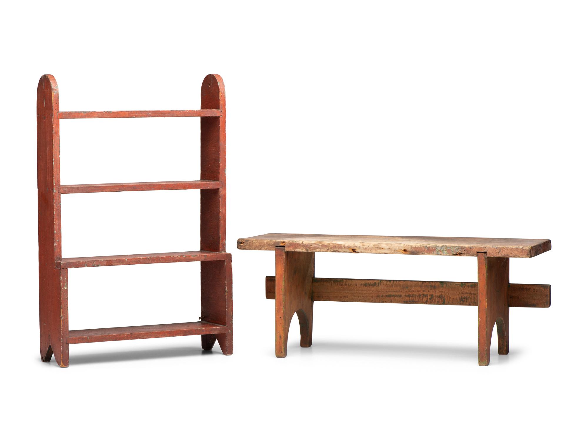 A Paint Decorated Miniature Wood Bucket Bench and Bench