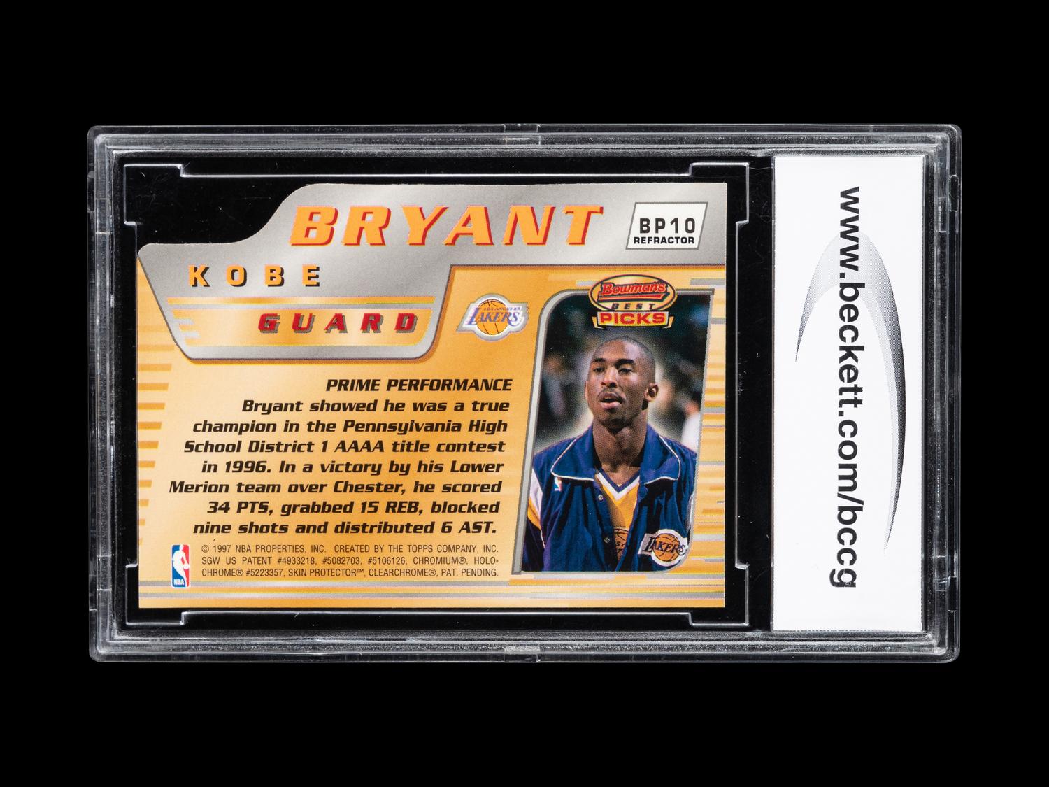 A 1996-97 Bowman’s Best Picks Refractor Kobe Bryant Rookie Basketball Card No. BP10 (BCCG 10 MINT)