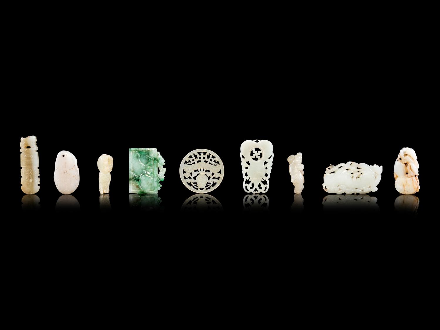 Nine Chinese Jade, Jadeite, and Hardstone Pendants