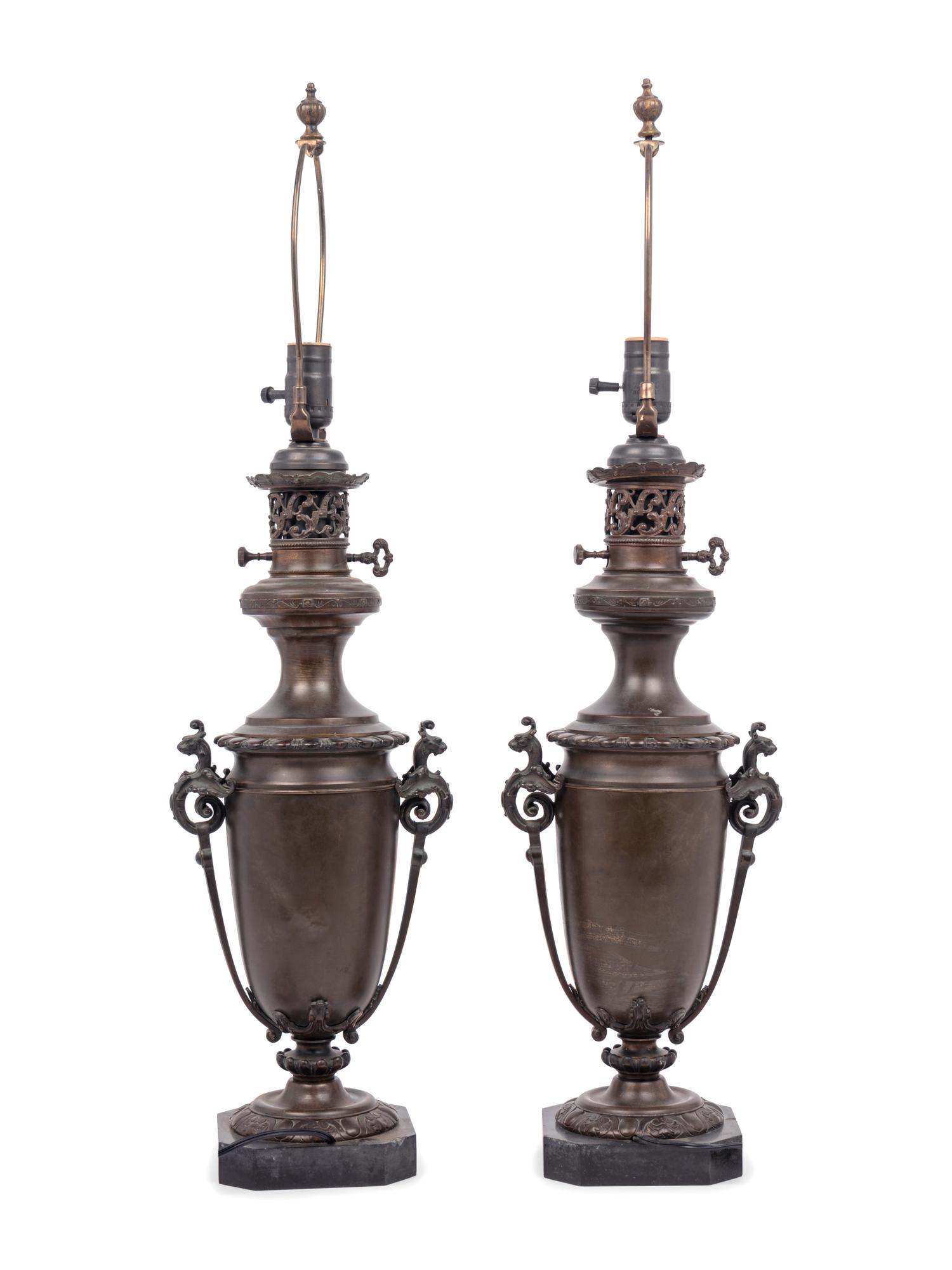 A Pair of French Neoclassical Bronze Fluid Lamps Converted to Electricity