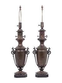 A Pair of French Neoclassical Bronze Fluid Lamps Converted to Electricity