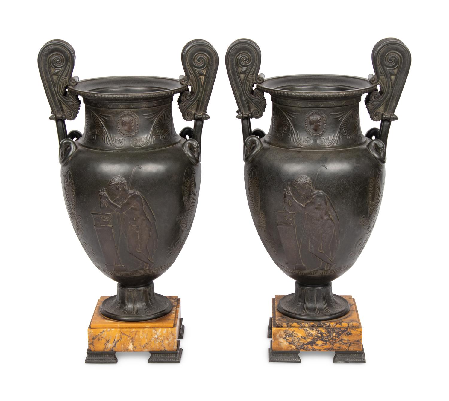 A Pair of Grand Tour Patinated White Metal and Siena Marble Vases