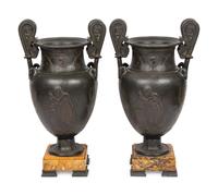 A Pair of Grand Tour Patinated White Metal and Siena Marble Vases