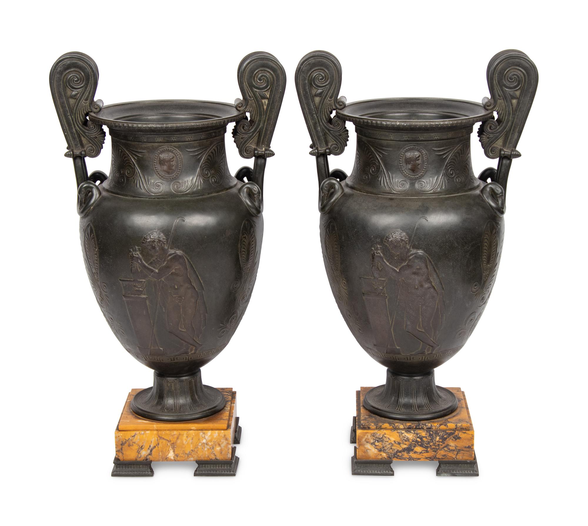 A Pair of Grand Tour Patinated White Metal and Siena Marble Vases
