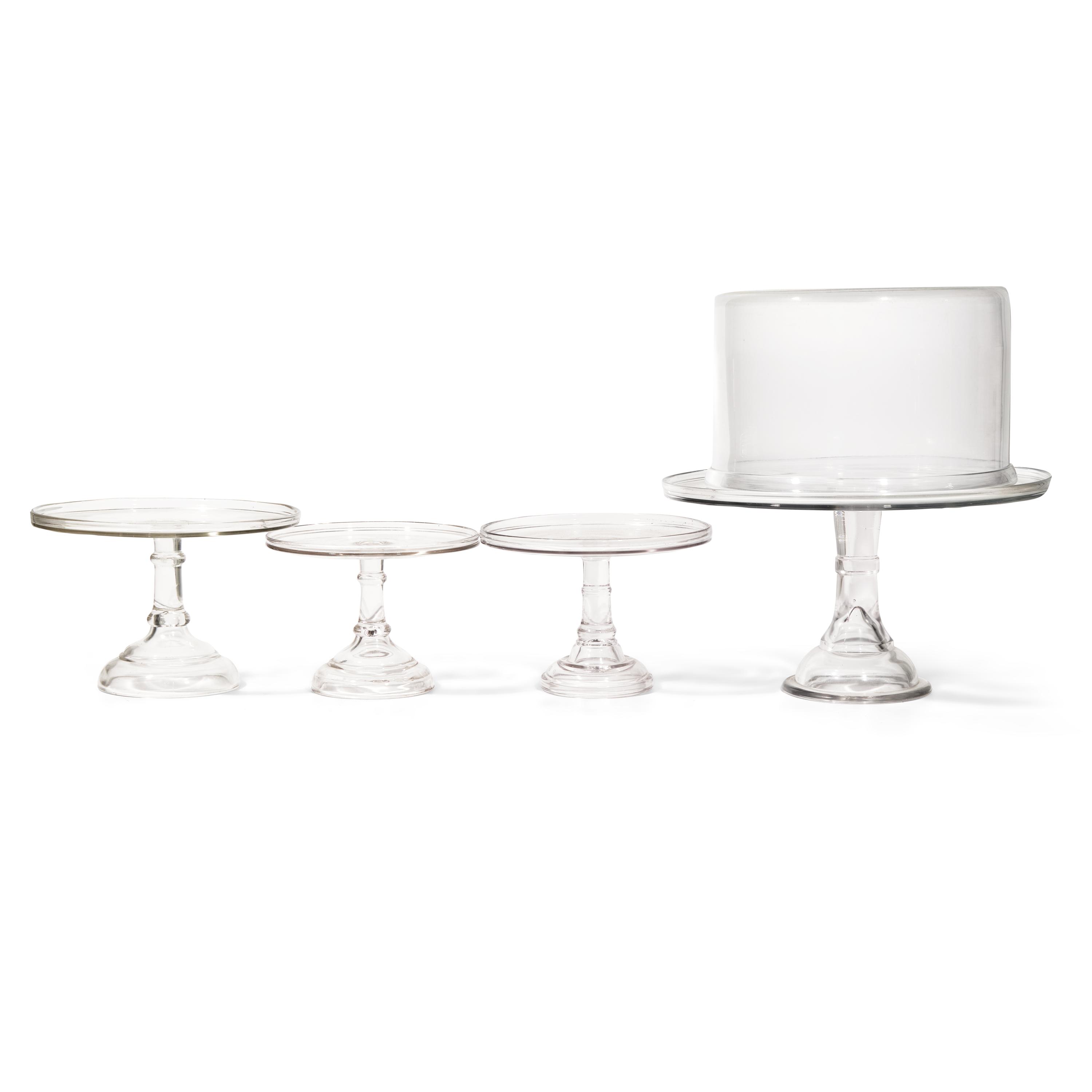 A Group of Six Blown and Cast Glass Cake Stands, Together with a Bowl