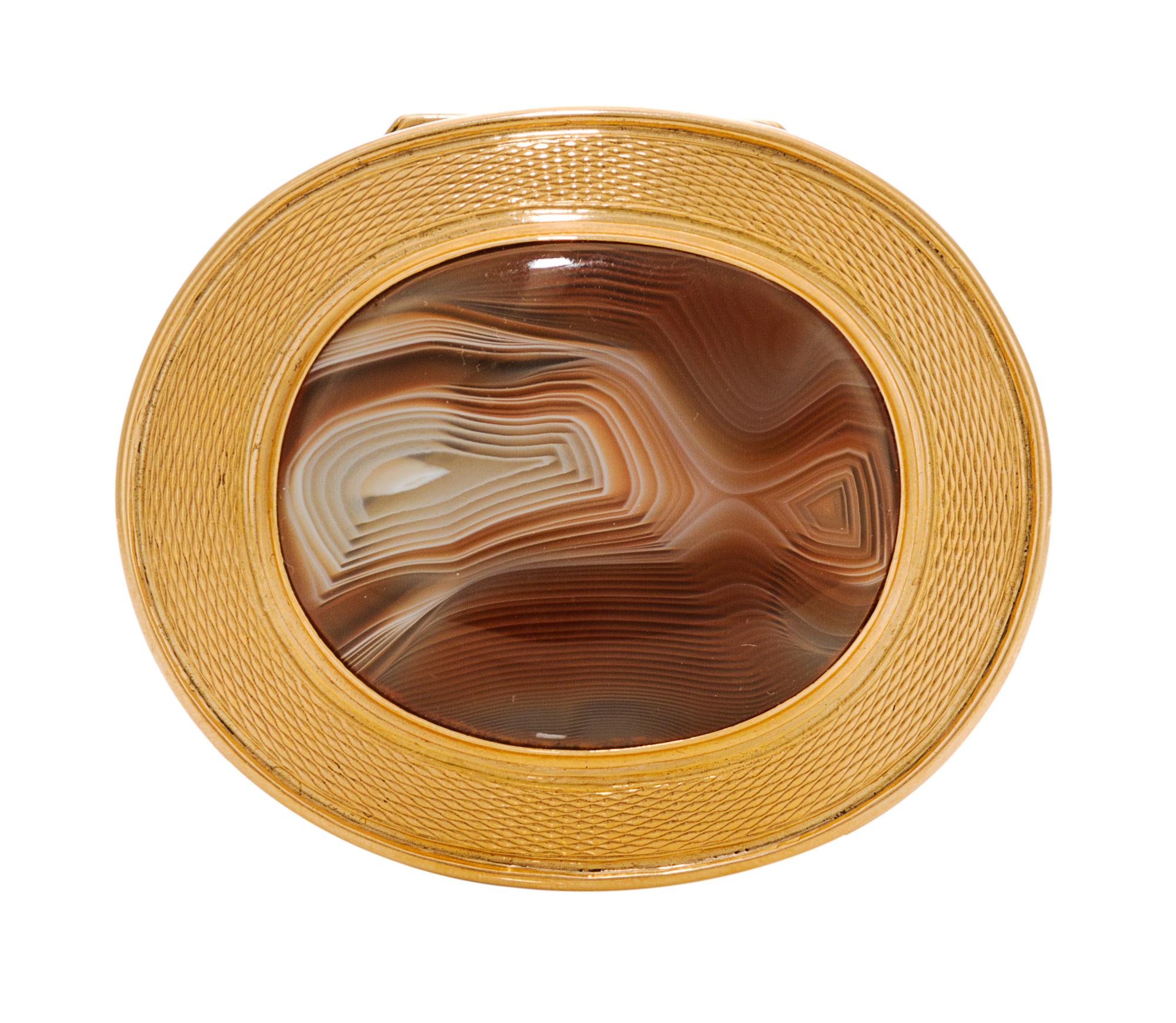 A Hardwood, Silver-Gilt and Agate Inset Snuff Box, 20th Century, of oval form.