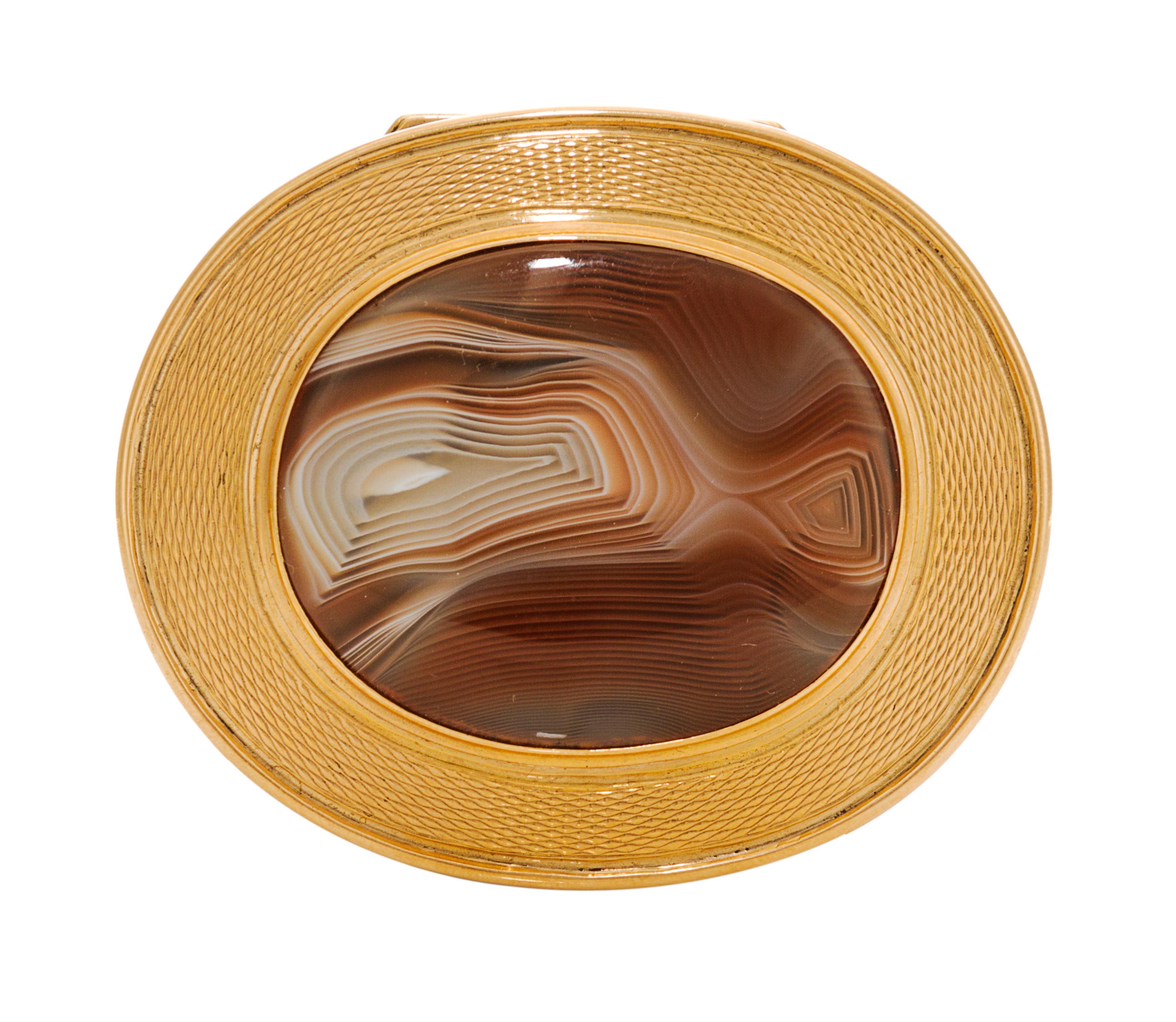 A Hardwood, Silver-Gilt and Agate Inset Snuff Box, 20th Century, of oval form.