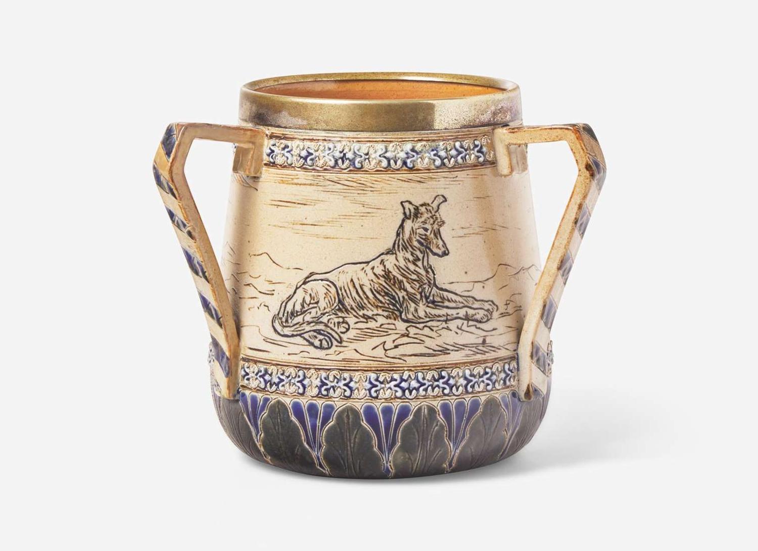 A Royal Doulton Hannah and Lucy Barlow Stoneware Three-Handled Cup, UK, 1882