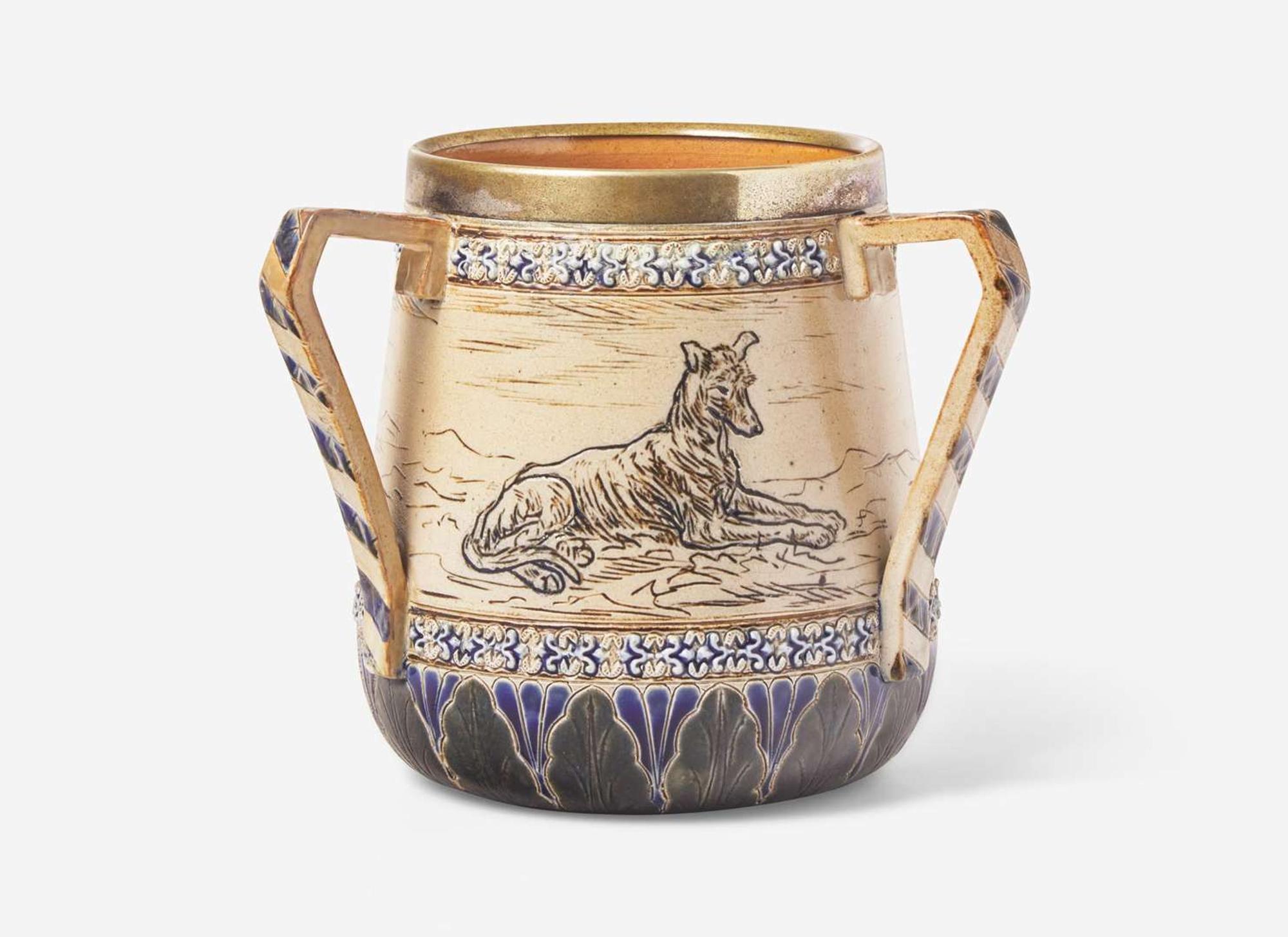 A Royal Doulton Hannah and Lucy Barlow Stoneware Three-Handled Cup, UK, 1882
