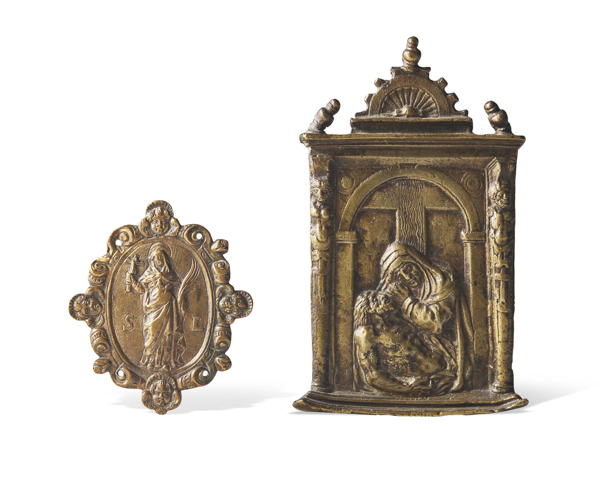 An Italian bronze bas relief pax and medallion, 17th century