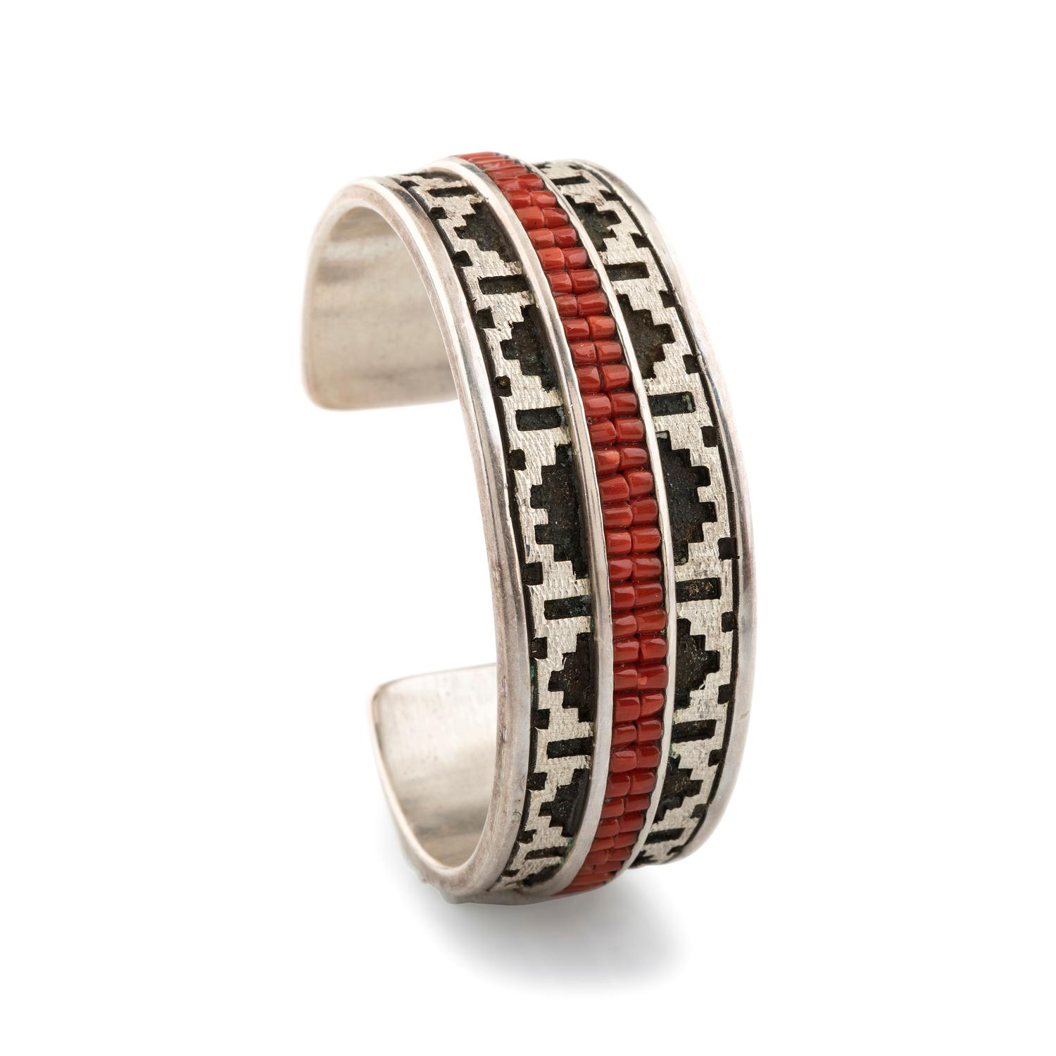 Cast Silver Cuff Bracelet, with a Double Row of Coral