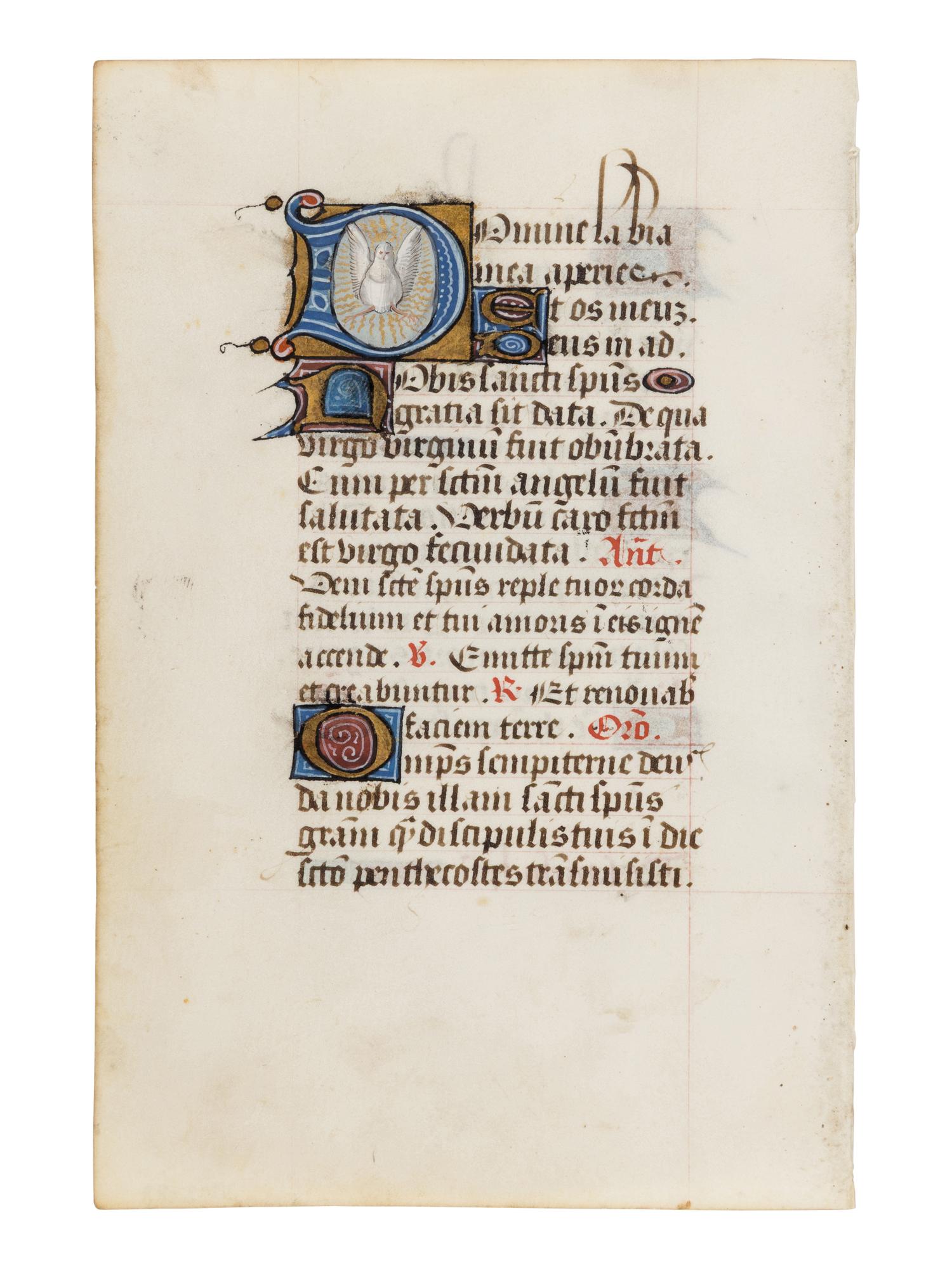 FOLLOWER OF WILLEM VRELANT ( a ctive Bruges, c. 1454-1481) A leaf from a Book of Hours, with historiated initial ‘D’ of the Dove of the Holy Spirit, in Latin, illuminated manuscript on parchment [Southern Netherlands, probably Bruges, c. 1460]
