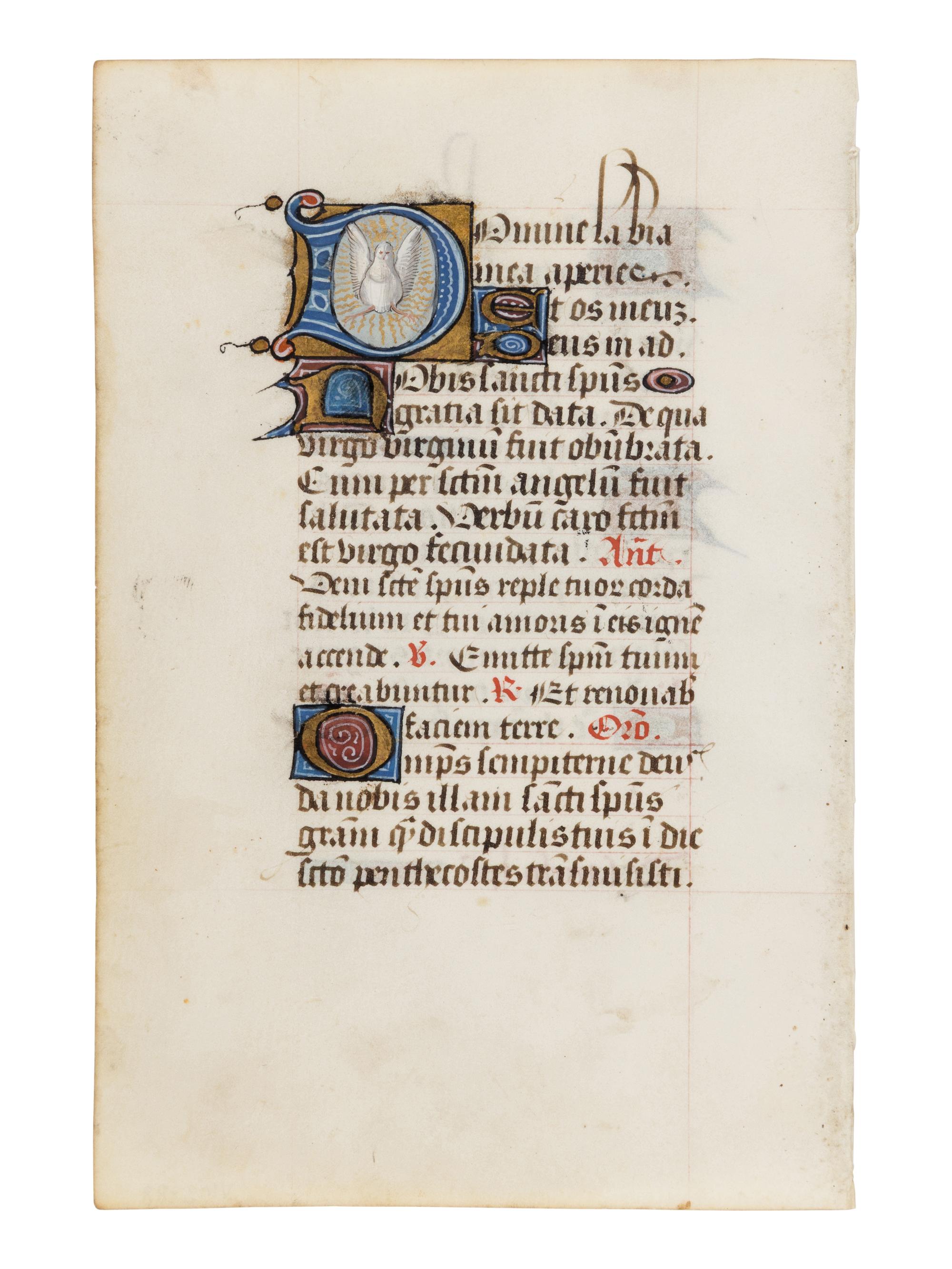 FOLLOWER OF WILLEM VRELANT ( a ctive Bruges, c. 1454-1481) A leaf from a Book of Hours, with historiated initial ‘D’ of the Dove of the Holy Spirit, in Latin, illuminated manuscript on parchment [Southern Netherlands, probably Bruges, c. 1460]