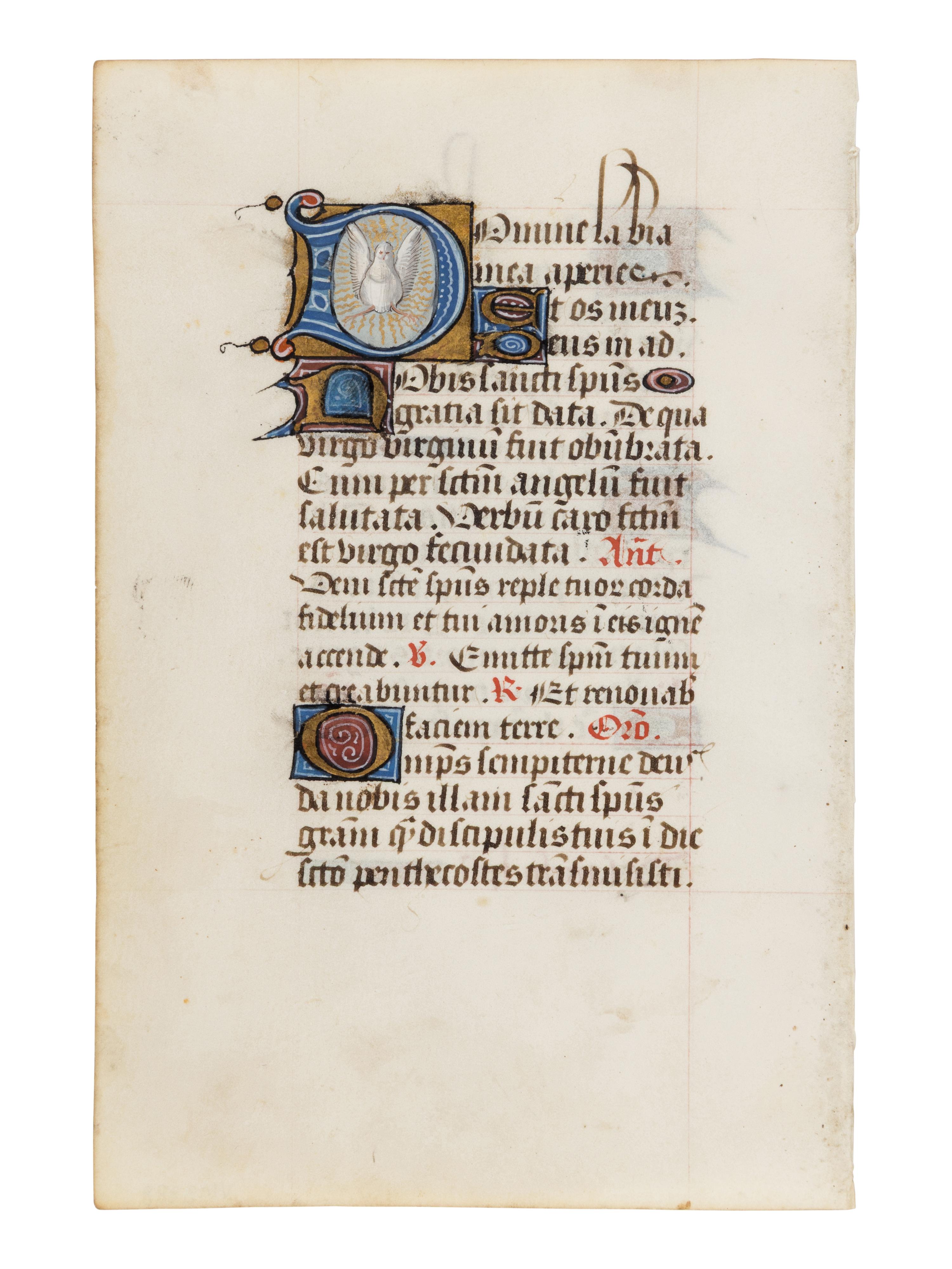FOLLOWER OF WILLEM VRELANT ( a ctive Bruges, c. 1454-1481) A leaf from a Book of Hours, with historiated initial ‘D’ of the Dove of the Holy Spirit, in Latin, illuminated manuscript on parchment [Southern Netherlands, probably Bruges, c. 1460]